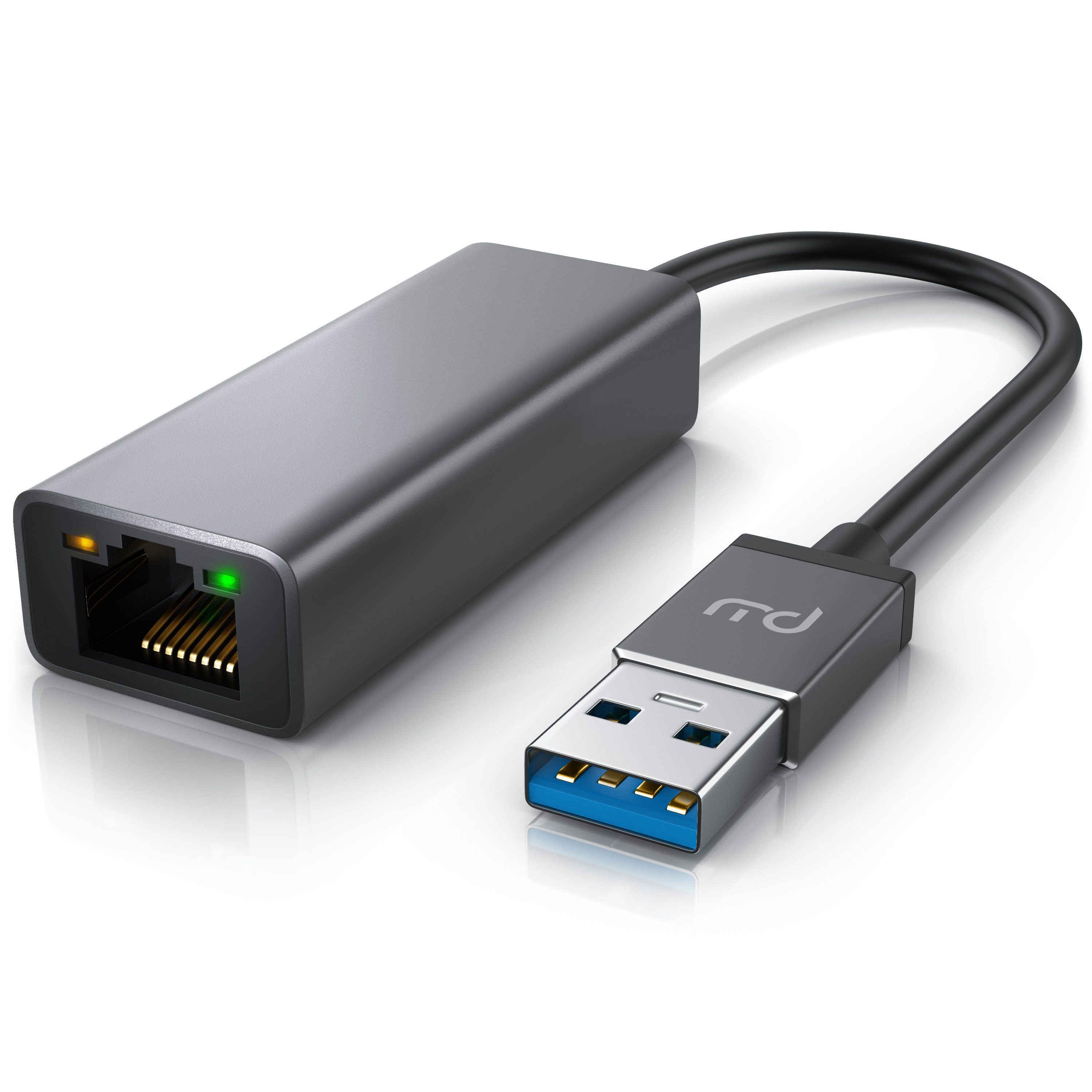 Primewire USB 3.2 Netzwerkadapter, extern Gigabit RJ45 Anschluss, Kabel 13,5 cm Netzwerk-Adapter USB Typ A zu RJ-45 (Ethernet), USB TYP A Stecker auf RJ45, bis zu 1000 Mbps/ 1000 Base-T, Alugehäuse