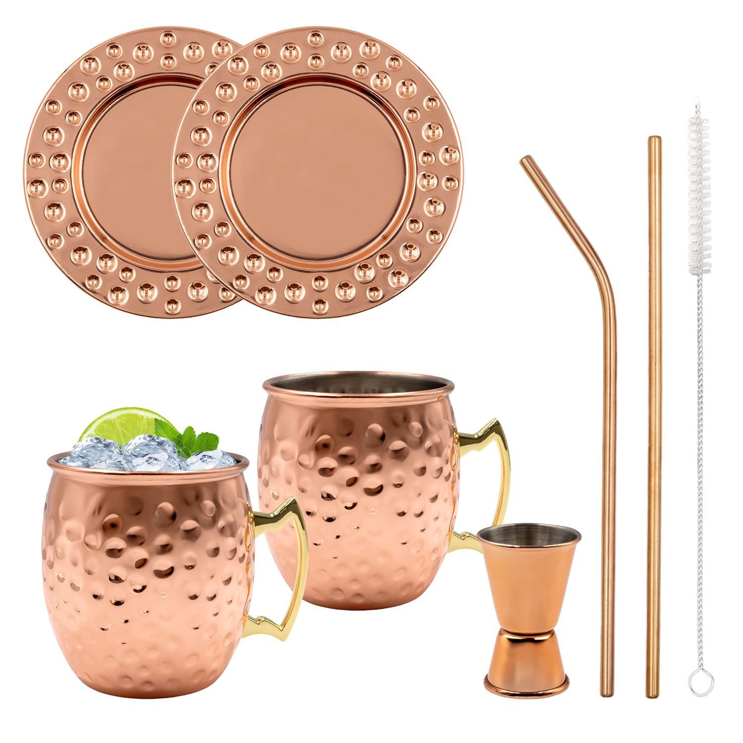 Intirilife Becher, Edelstahl, Moscow Mule Cocktail Becher 450ml inkl Untersetzer Strohhalme (9-tlg)