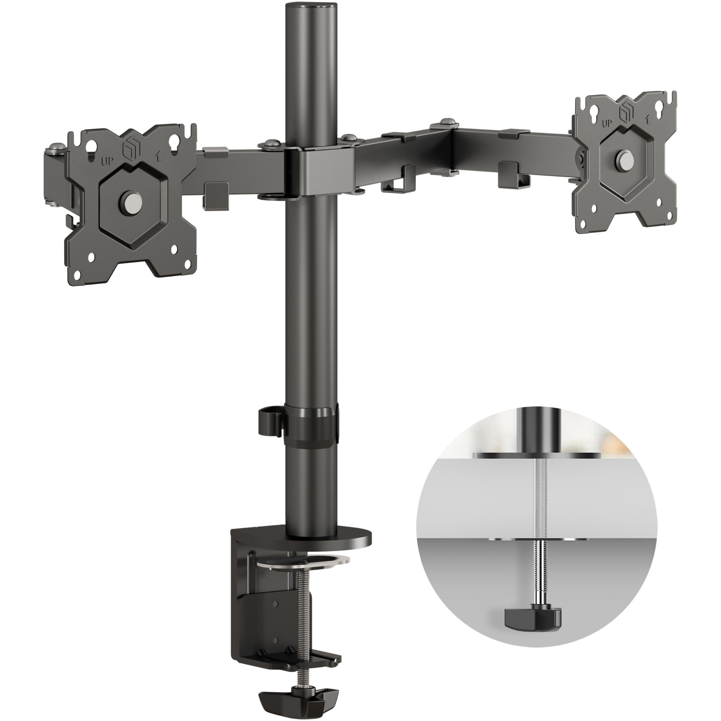 ONKRON Monitor-Halterung 13-32 Zoll, bis 8 kg pro Arm, VESA 75x75-100x100, D221E-B, (bis 32 Zoll, neigbar, schwenkbar, drehbar, höhenverstellbar, Kabelmanagement)