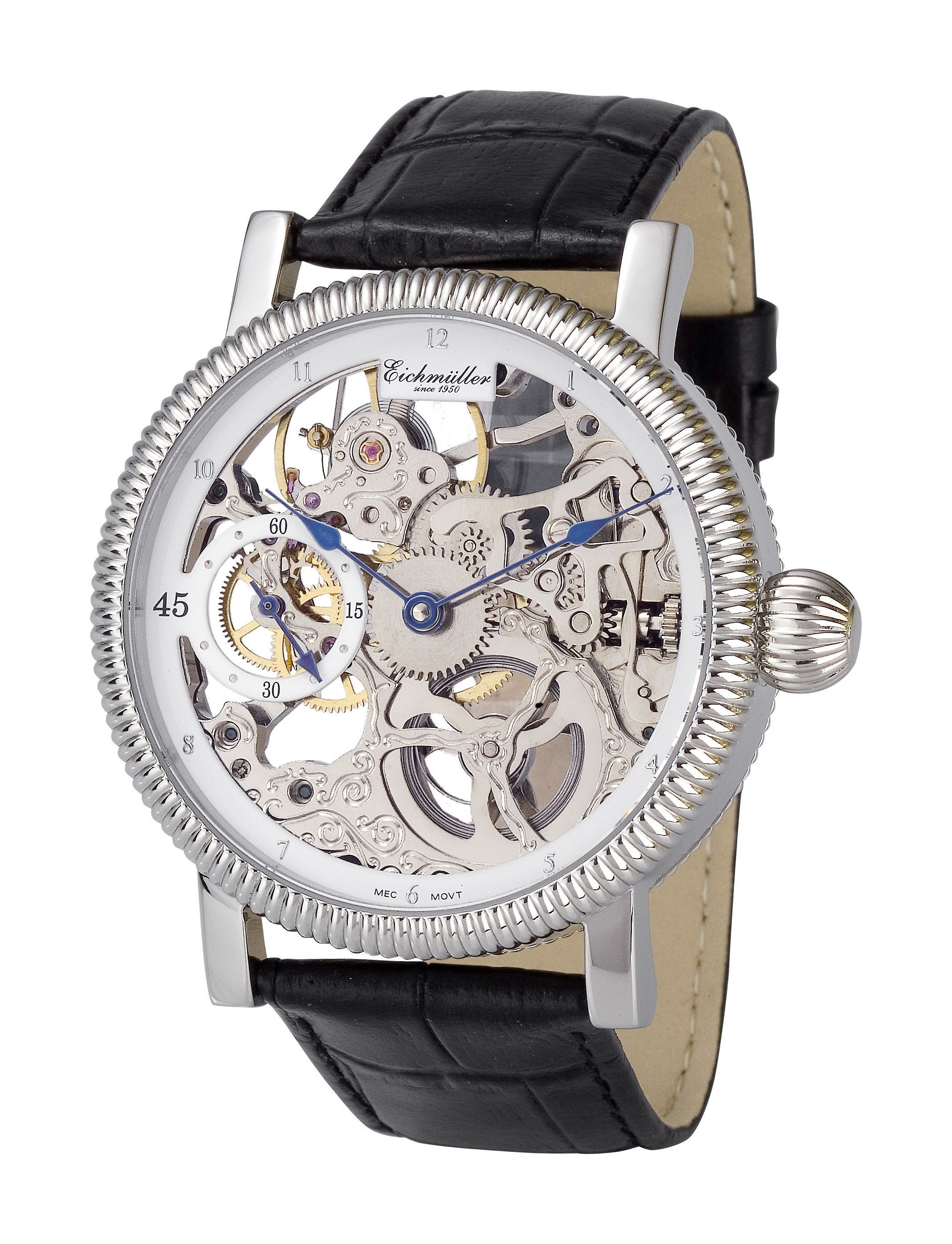 Eichmüller Mechanische Uhr Herren-Skelettuhr – Handaufzugsuhr mit Lederarmband, 8218-01, 44 mm Gehäuse, Elegantes Design