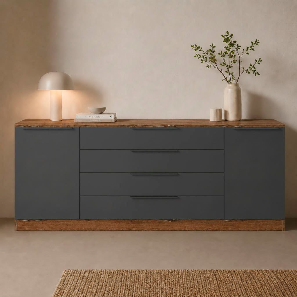borchardt Möbel Sideboard Tom, moderne Kommode mit Metallgriffen, 200cm breit, 2 Türen, 3 Schubfächer, Metallgriffe anthrazit