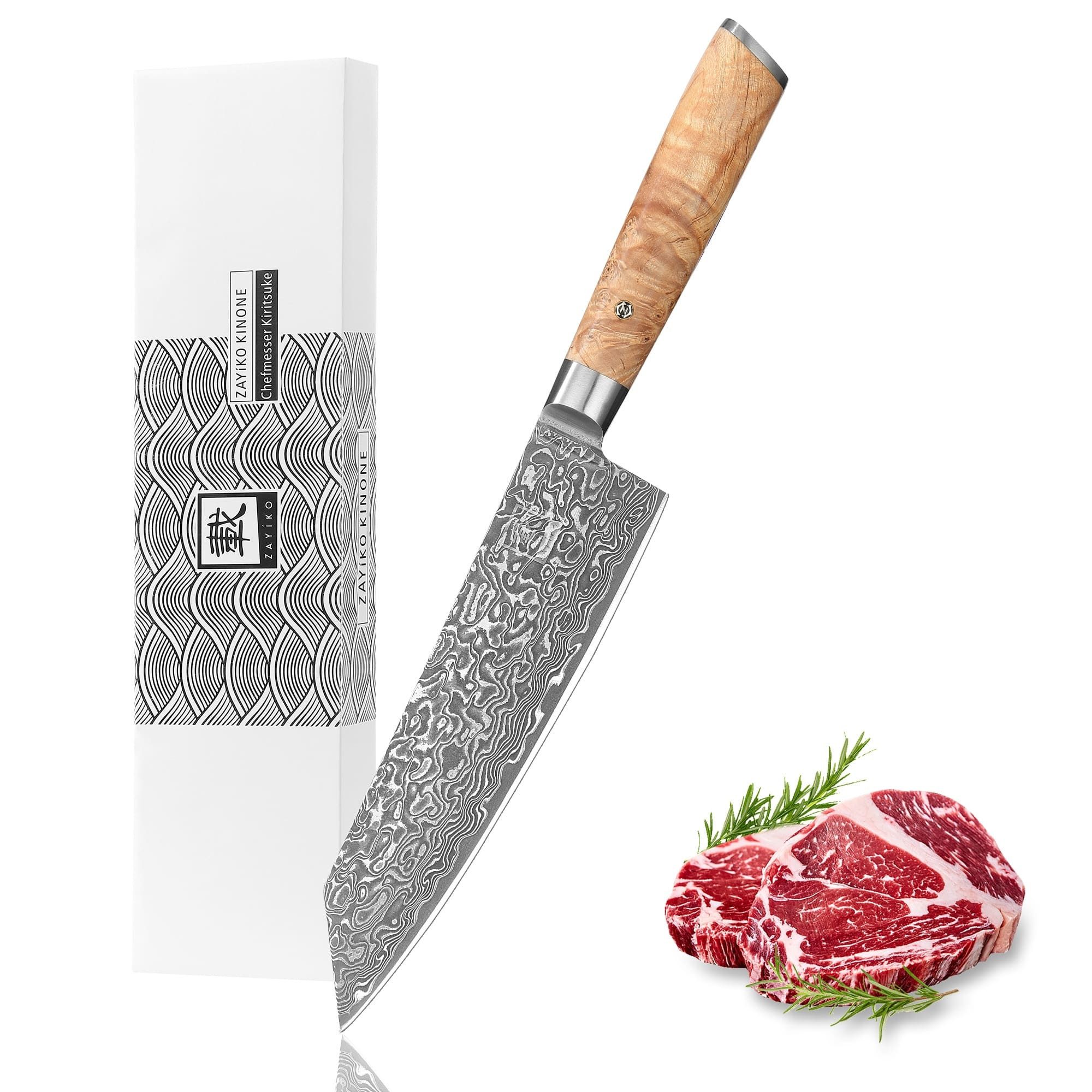 ZAYIKO Asiamesser Kinone Damast Chefmesser Kiritsuke 20 cm Klinge Wurzelholzgriff, schwarzer Damaststahl, VG10-Kern