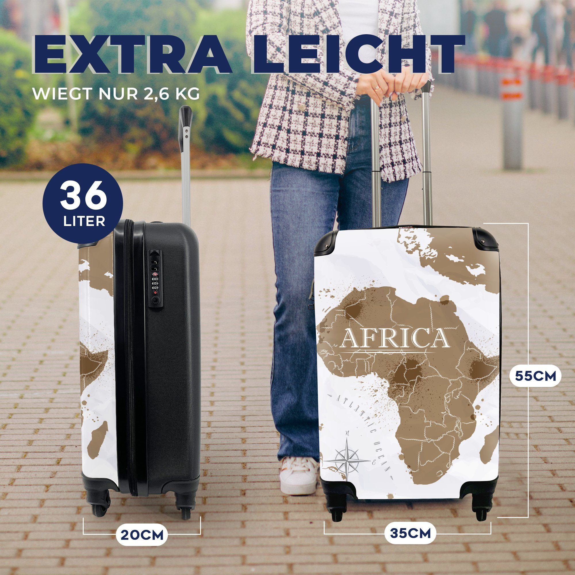 Afrika, für Reisetasche Trolley, 4 Ferien, - Weltkarte Handgepäckkoffer Reisekoffer mit Braun - Rollen, Handgepäck MuchoWow rollen,