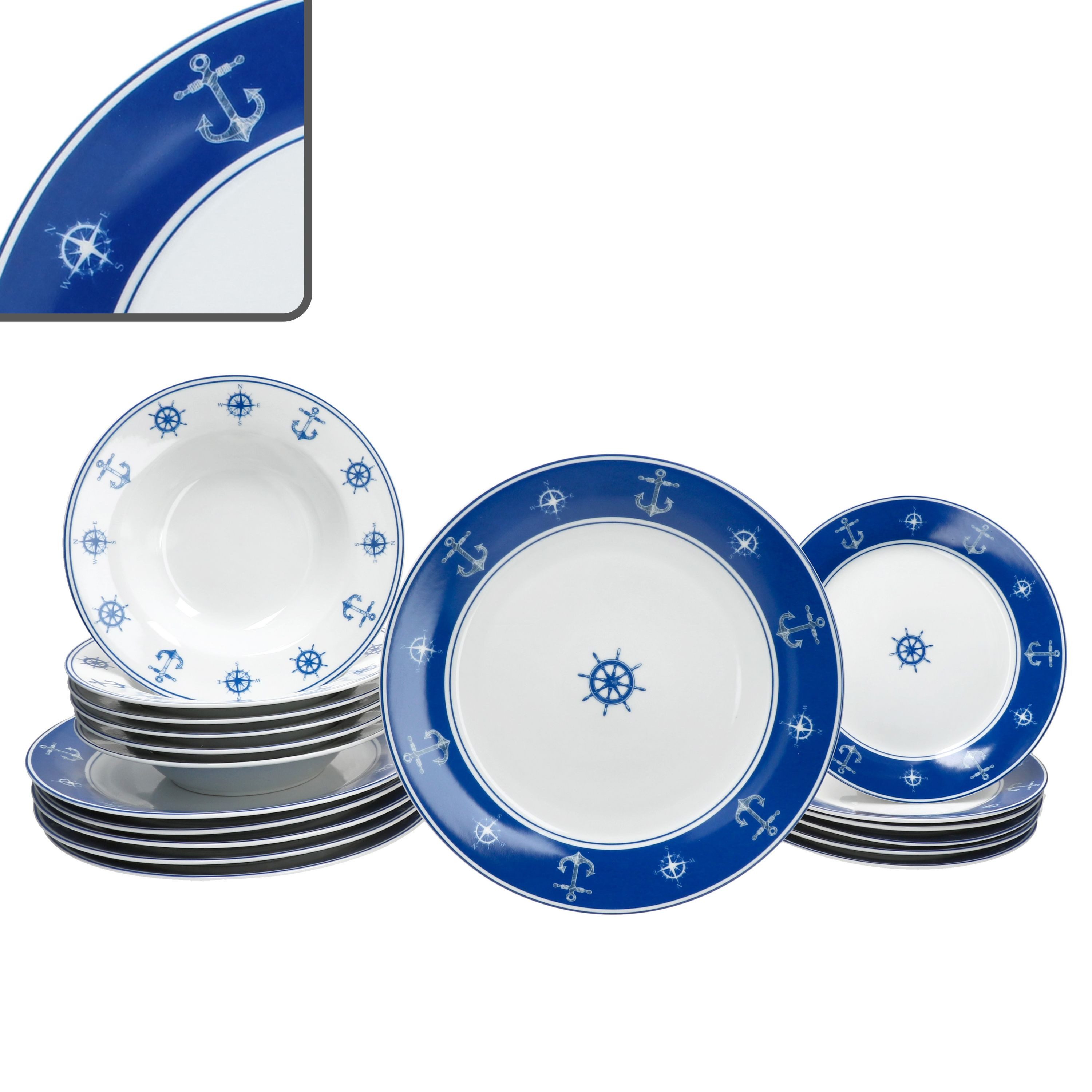 MamboCat Teller-Set MamboCat Ahoi 18tlg Tellerset Porzellan Anker maritimes Geschirr, Porzellan