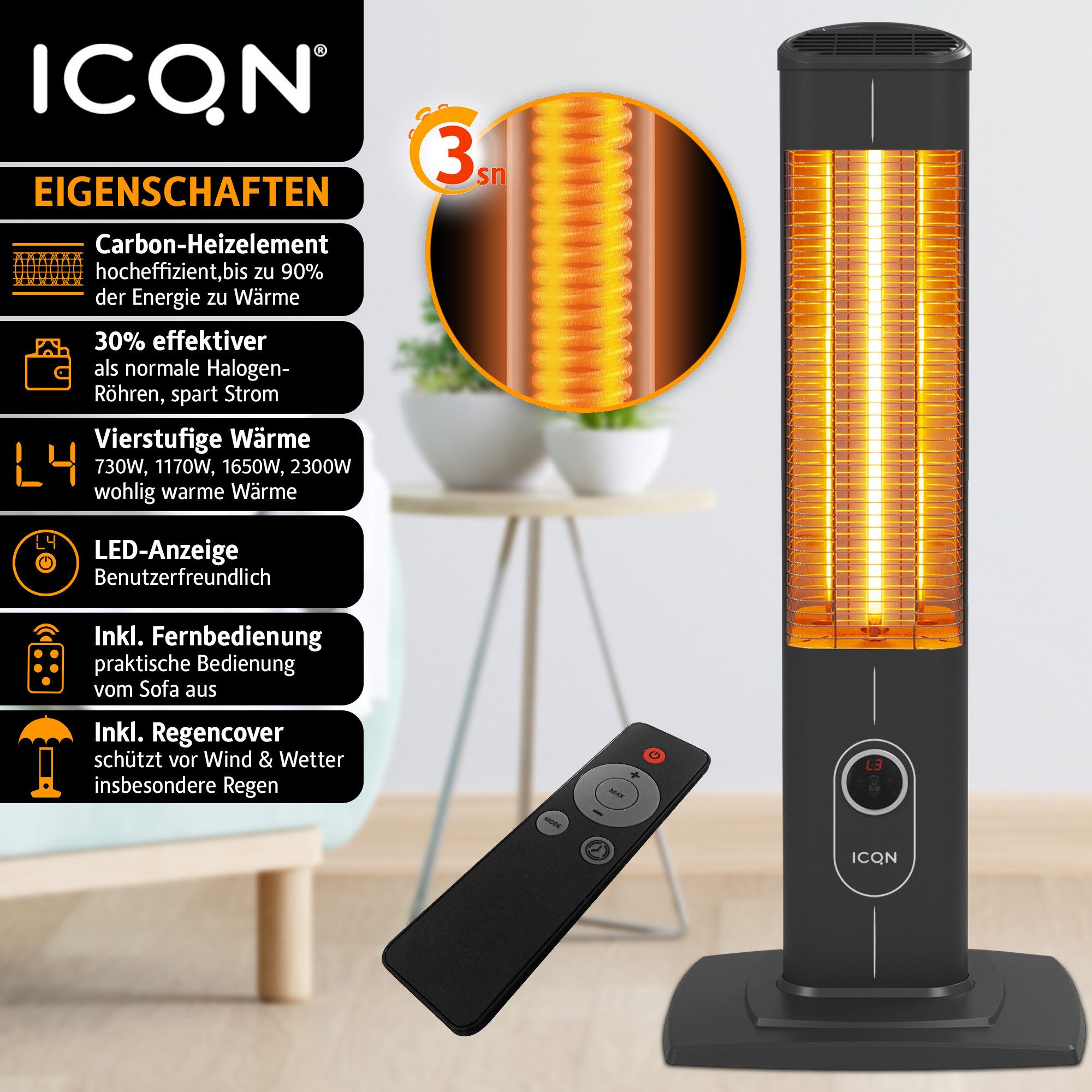 ICQN Heizstrahler IC2300.R-KABEL, Stand Heizstrahler mit Wasserdicht Schutzhülle, 2300 W, mit Fernbedienung, Kohlenstoff Infrarotstrahler, Innen- & Außenbereich