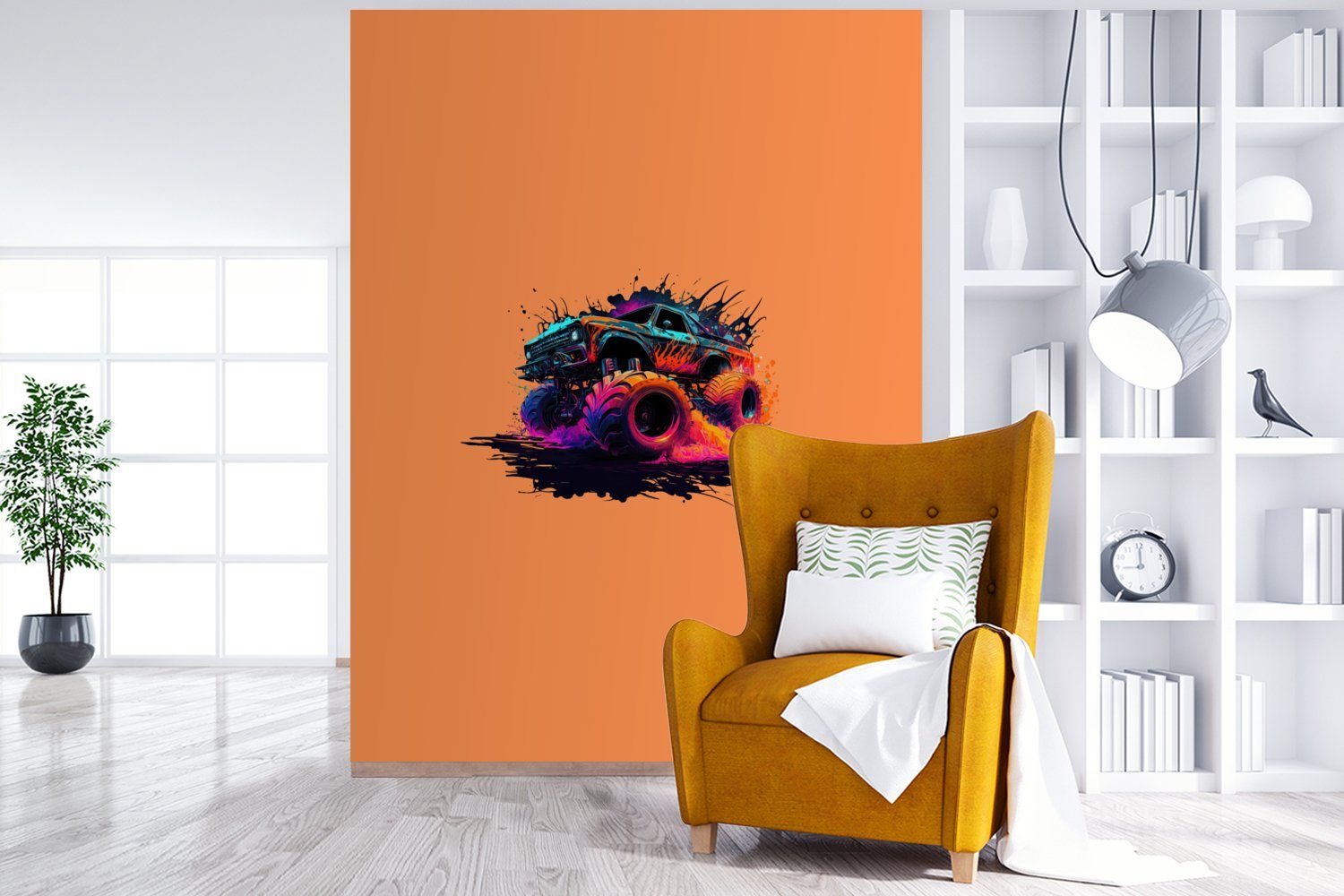 Wohnzimmer, - Tapete - Neon Matt, bedruckt, Design (4 Fototapete für - Montagefertig Vinyl St), MuchoWow Auto, Monstertruck Wandtapete