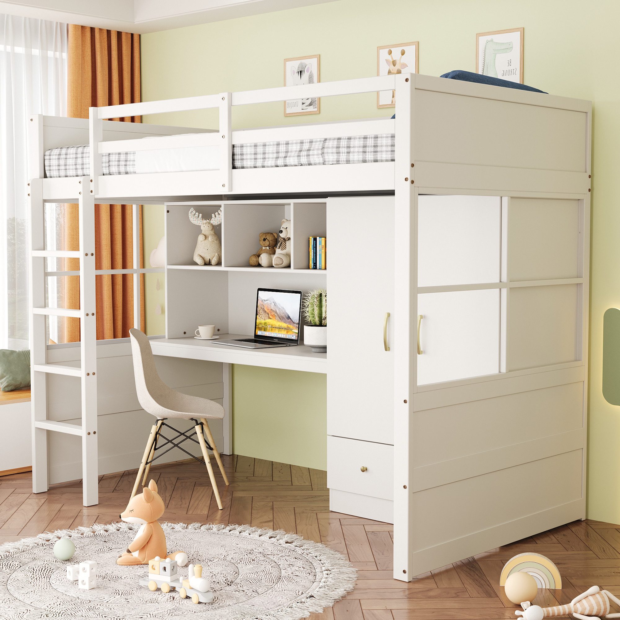 Merax Hochbett (1-St., Jugendbett Einzelbett Holzbett) Kiefer Kinderbett 90x200 cm mit Schreibtisch Kleiderschrank Schubladen