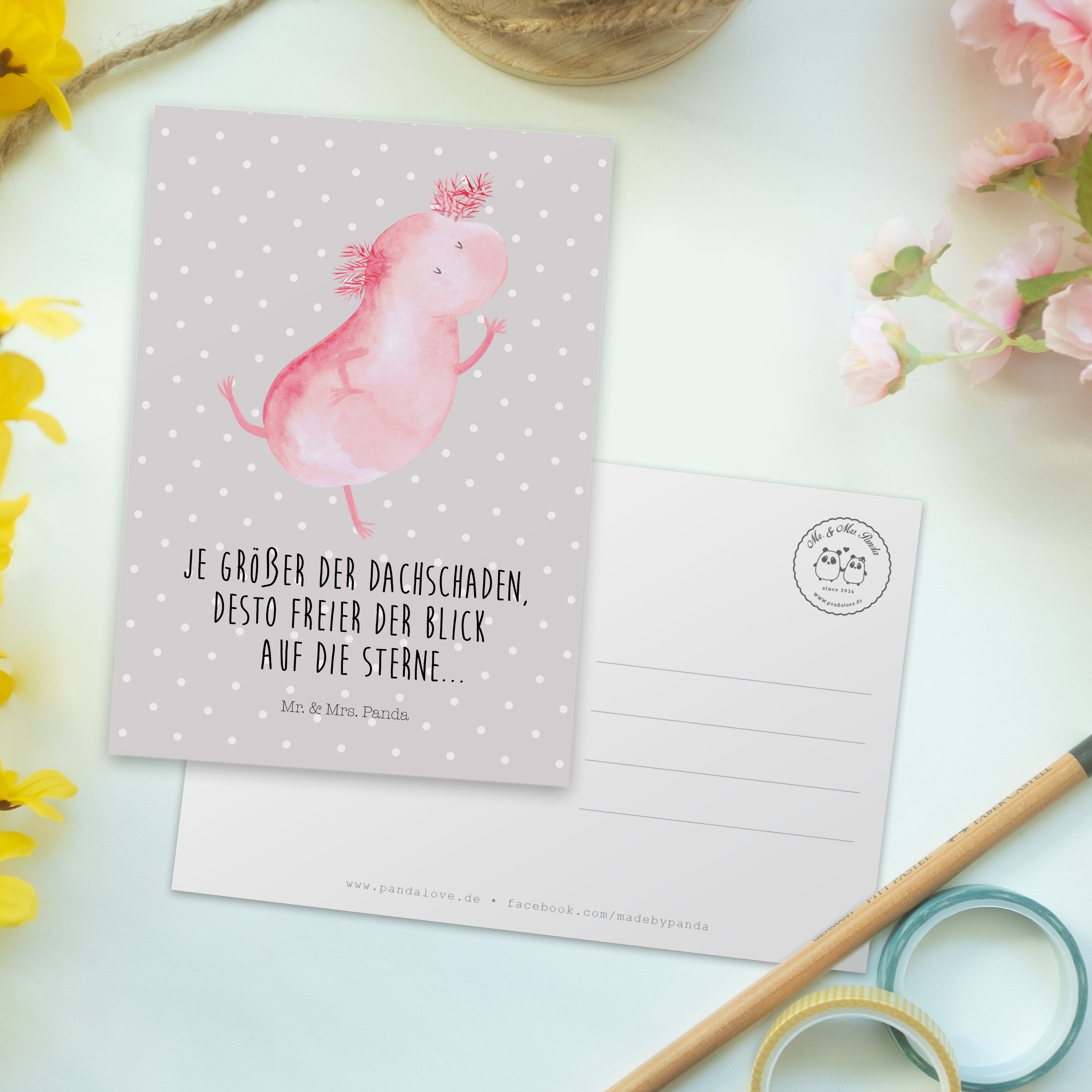 Mr. & Mrs. Panda Postkarte tanzt Geschenk, - Amphibie, Axolotl Pastell - Grau Karte Dankeskarte