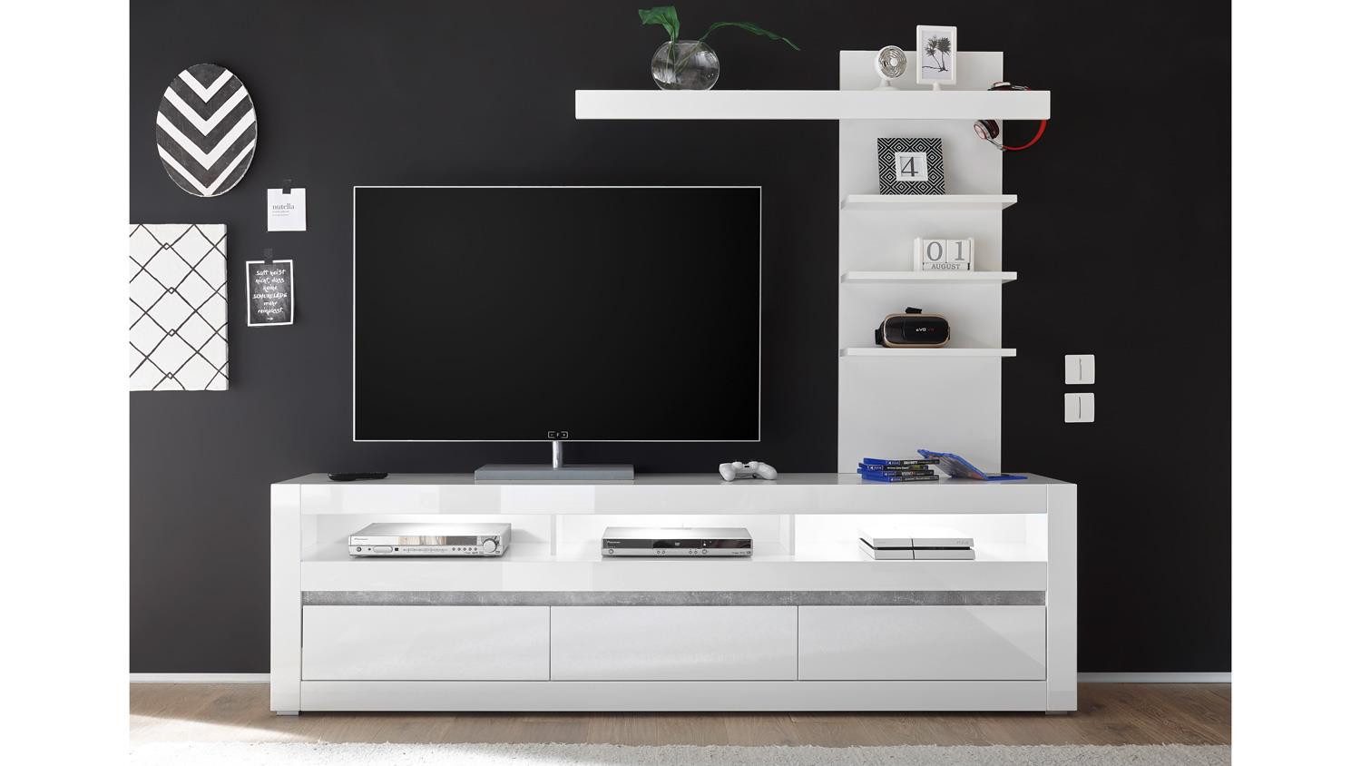 Möbel Akut Wohnwand Wohnwand 3 Carat Anbauwand TV-Board Regal weiß Hochglanz, (2-St)