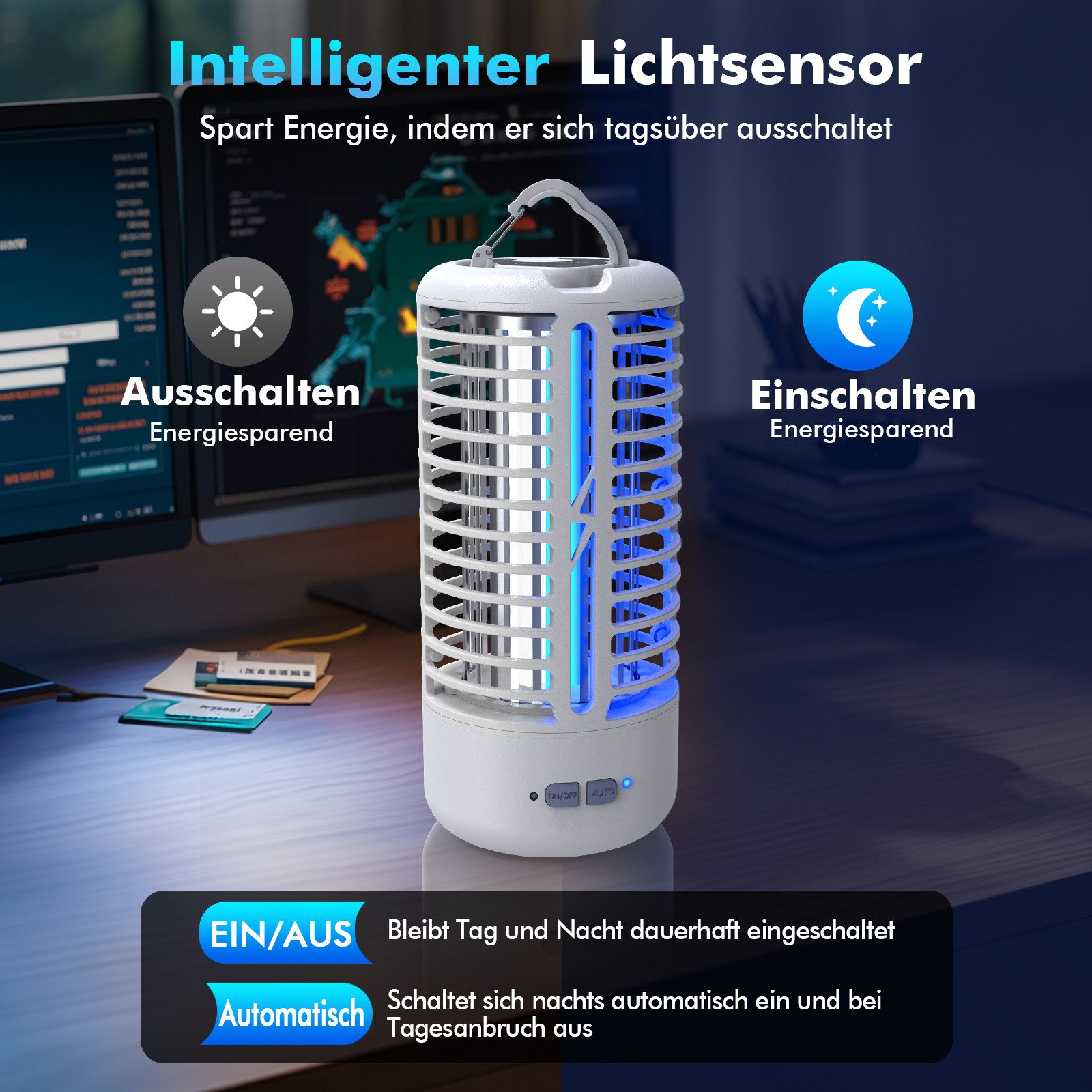 ANYSUN Insektenvernichter elektrisch mit LED Lampe, 4000mAh Akku – UV Mückenlampe & Fliegenfalle, Insektenlampe für Innen