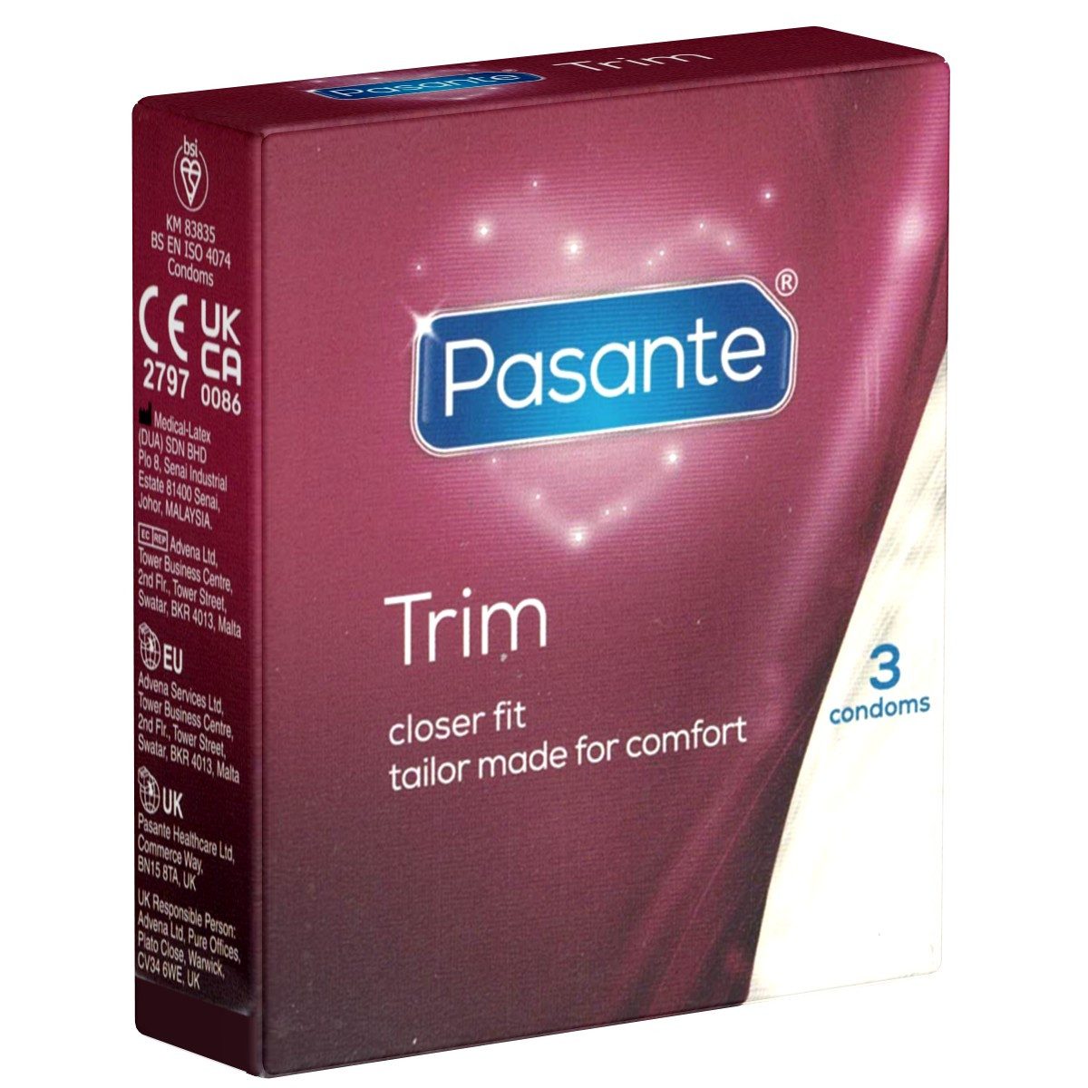 Pasante Презервативы Trim (enge Презервативы für Männer, die es nicht so breit brauchen) Packung mit, 3 St., Презервативы mit schlanker Passform für ein sicheres Gefühl
