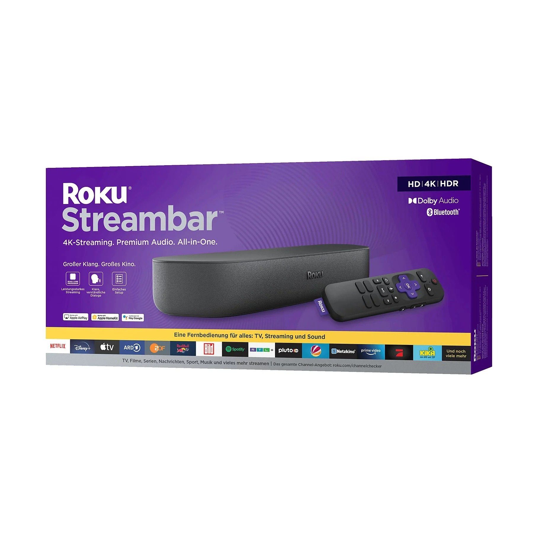 ROKU 4K HDR Streaming Media Player Soundbar (WLAN (WiFi), Bluetooth, Alexa,  Siri, Google Home, Spotify, Netflix, Ultra HD, Apple AirPlay)