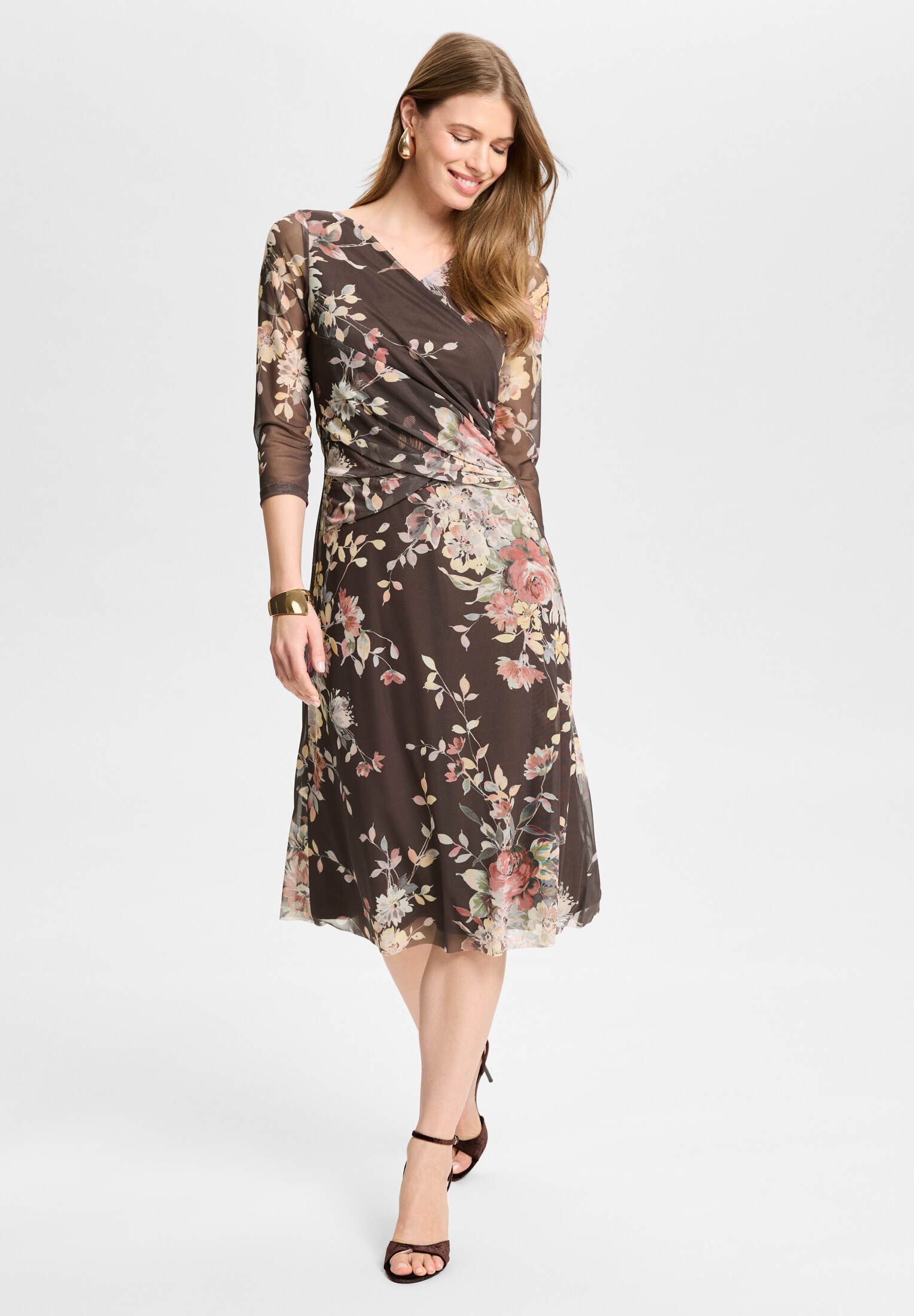 SWING Cocktailkleid - Midi Kleid aus Mesh in Wickel Optik Taillierter Schnitt mit fließendem Rockteil