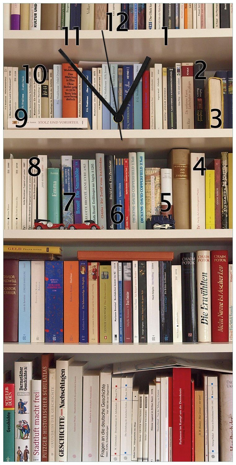 Wallario Wanduhr Weißes Bücherregal mit unterschiedlichen Büchern (Uhr aus Acryl)
