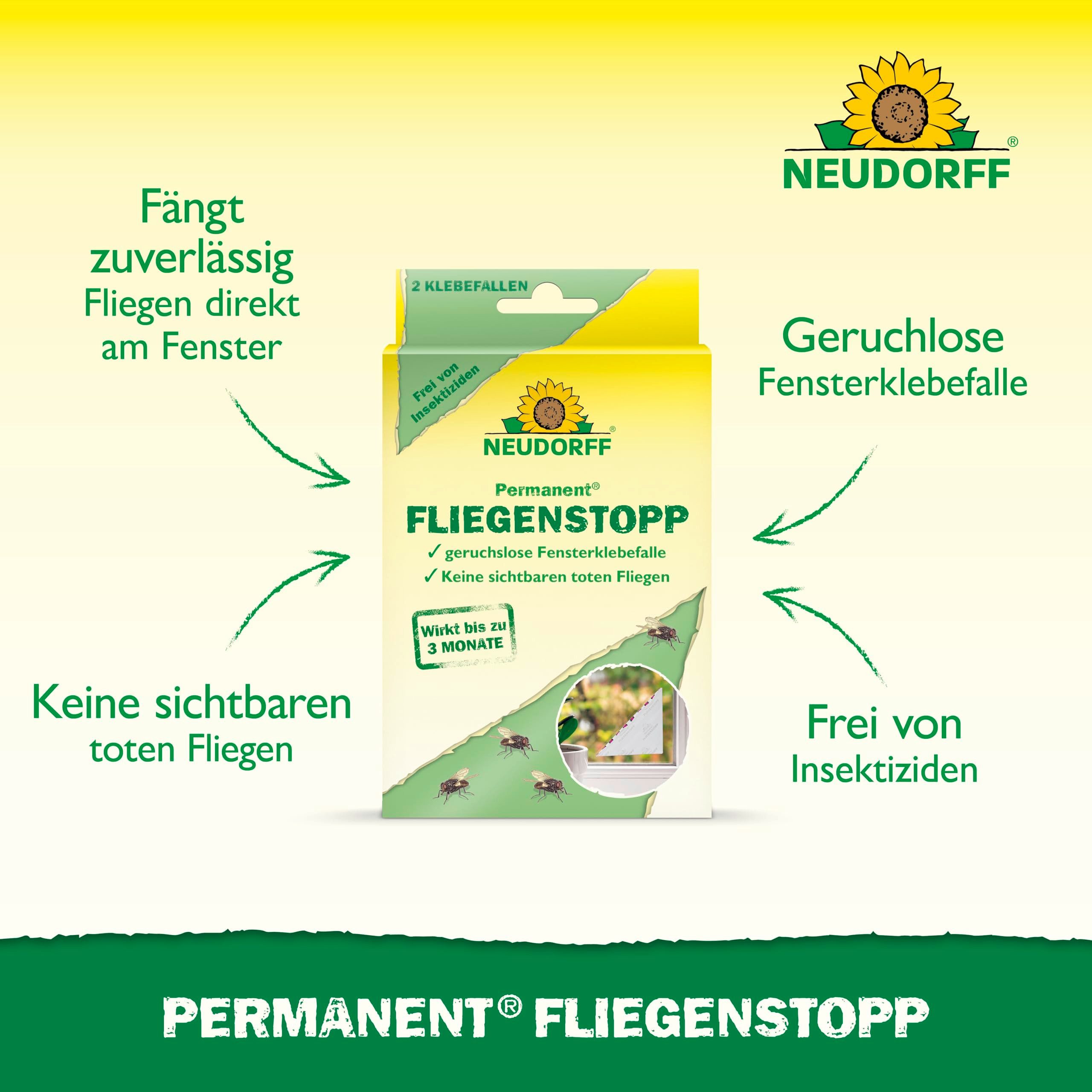Neudorff Klebefalle Permanent FliegenStopp 2 St., Dreieckige Fenster-Klebefalle für unauffälligen Fliegenfang