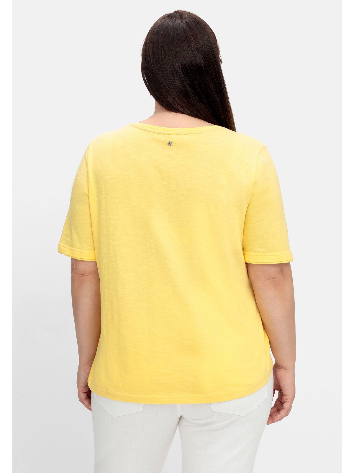 mit T-Shirt Flammgarn, Große Größen gelb aus gerundetem Saum Sheego