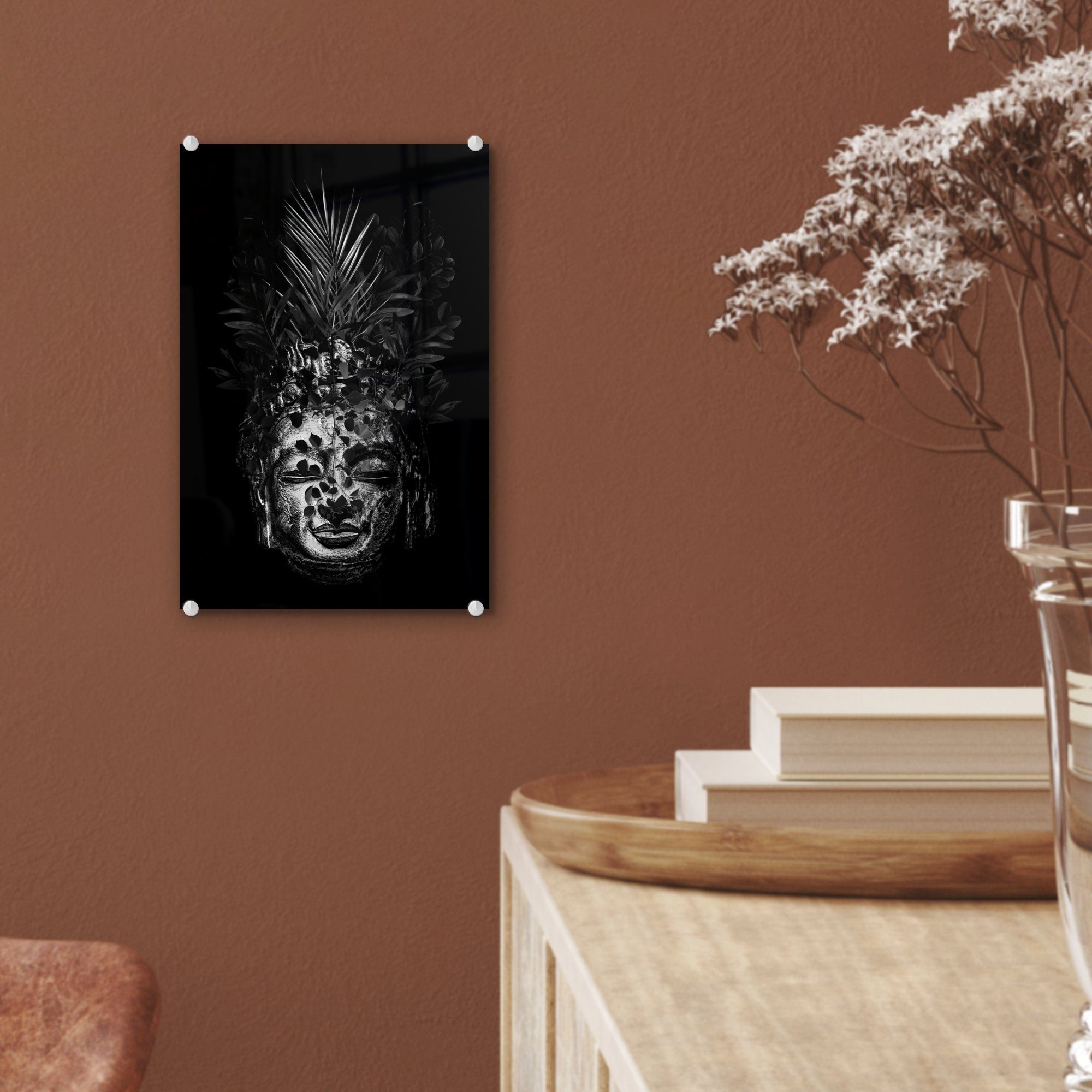 auf auf (1 Blättern Foto MuchoWow - Buddhas mit und Bilder - Glas Wanddekoration Glasbilder Acrylglasbild - eines Kopf Glas verziert St), bunt Wandbild - weiß, schwarz