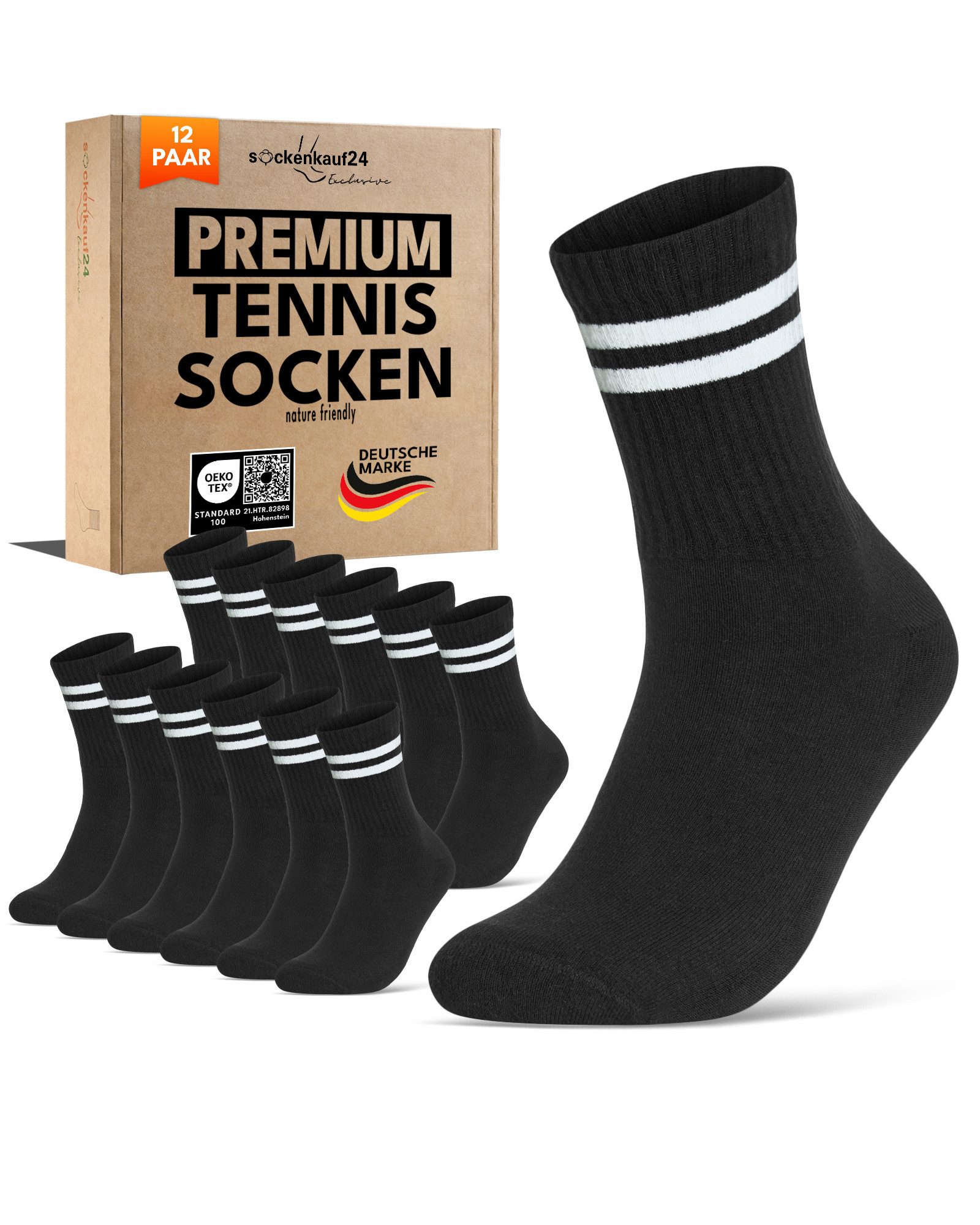 sockenkauf24 Tennissocken Damen Sportsocken Premium Retro Crew Socken mit Komfortbund (12-Paar) verstärkte Ferse & Fußspitze, gepolsterte Sohle, gekämmte Baumwolle