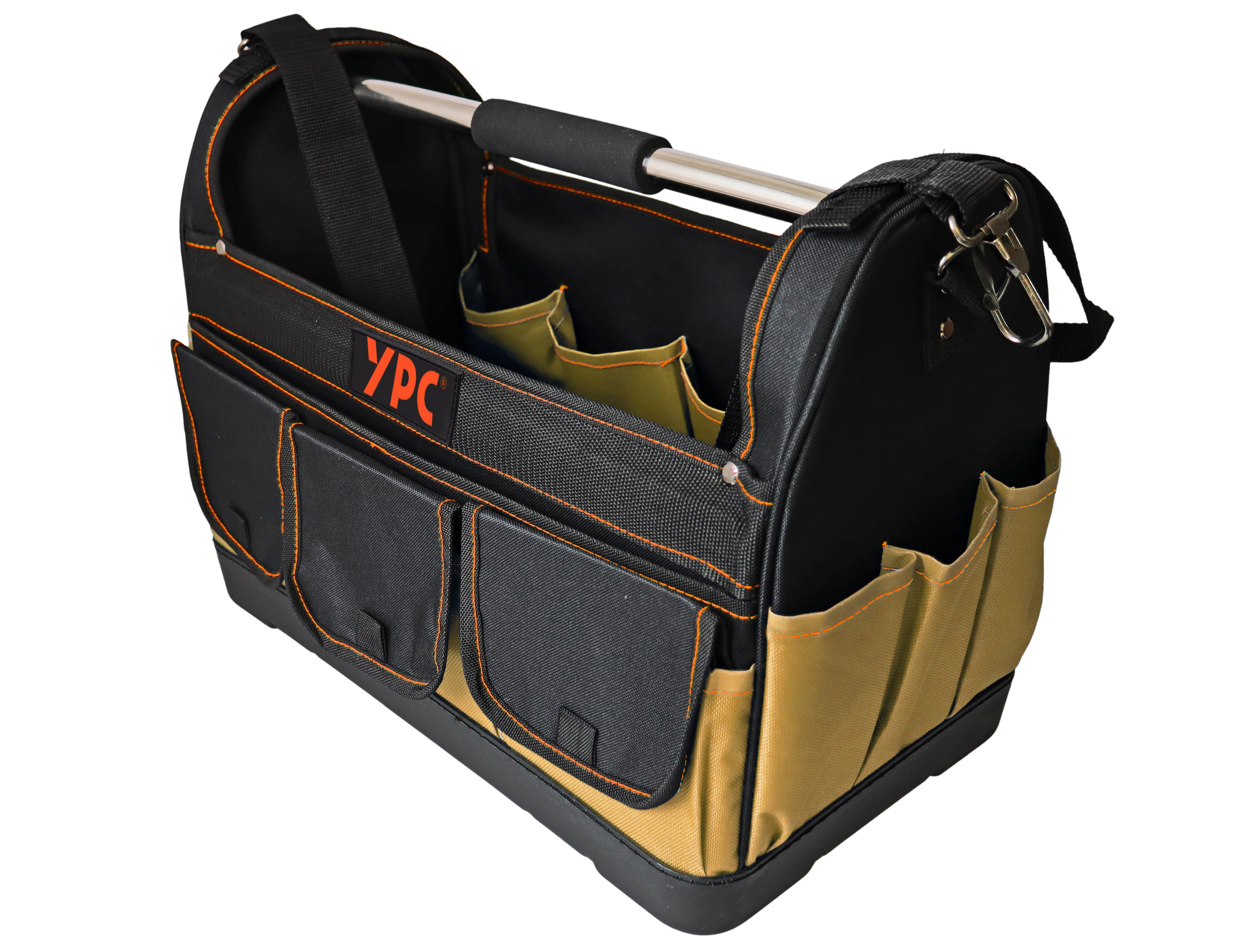 YPC Werkzeugtasche "Pioneer" Werkzeugkorb XXL, offene Werkzeugtasche mit Metallgriff, 45x35x23cm, 20 kg Tragkraft, Tragetasche für Werkzeug mit Haltern, Fächern und Einschüben Beige