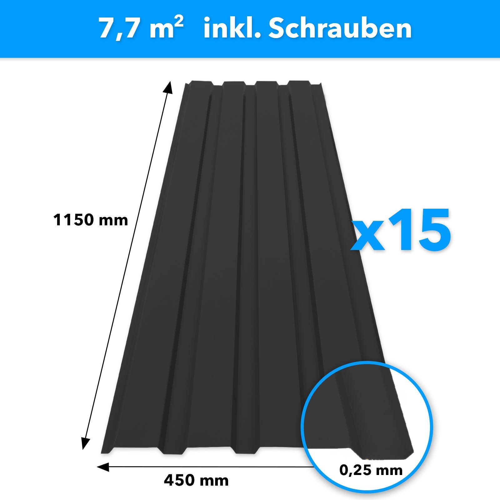 Karat Trapezblech Dachblech 7,7m² inkl Schrauben, Wandblech verzinkt, Profilblech, Blech verzinkt, 1150x450x0,25 mm (Spar-Set 15-St. 115x45 cm) wetterfest für Carport & Gartenhaus, verschiedene Farben