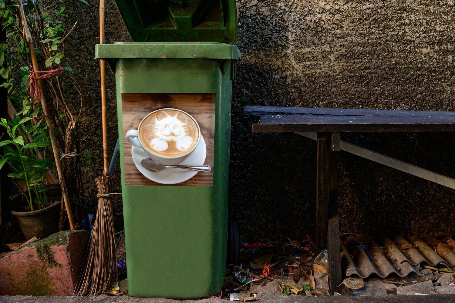 Eine abgebildet Sticker, Mülltonne, St), Container, Cappuccinos ist Katze Mülleimer-aufkleber, Schaum als Latte eines MuchoWow Abfalbehälter Art Wandsticker (1 im