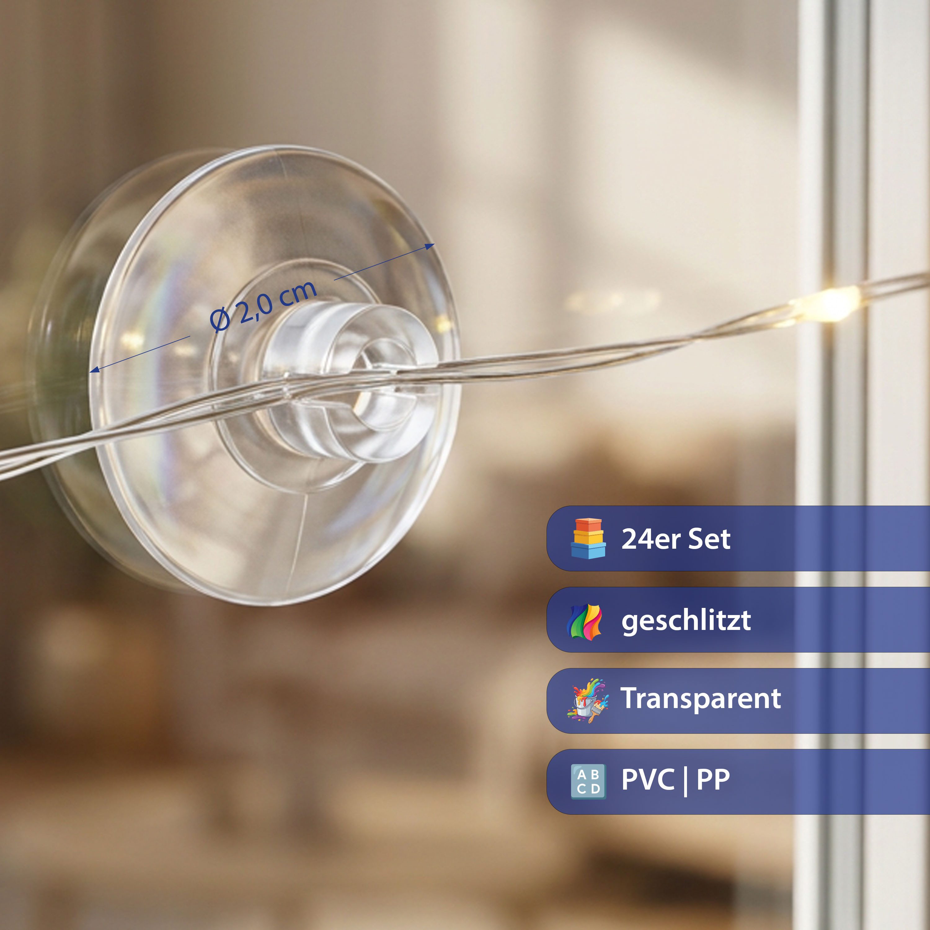 CEPEWA Fensterhaken Saughaken 24er Set geschlitzt PVC Ø2cm transparent Haken ohne Bohren