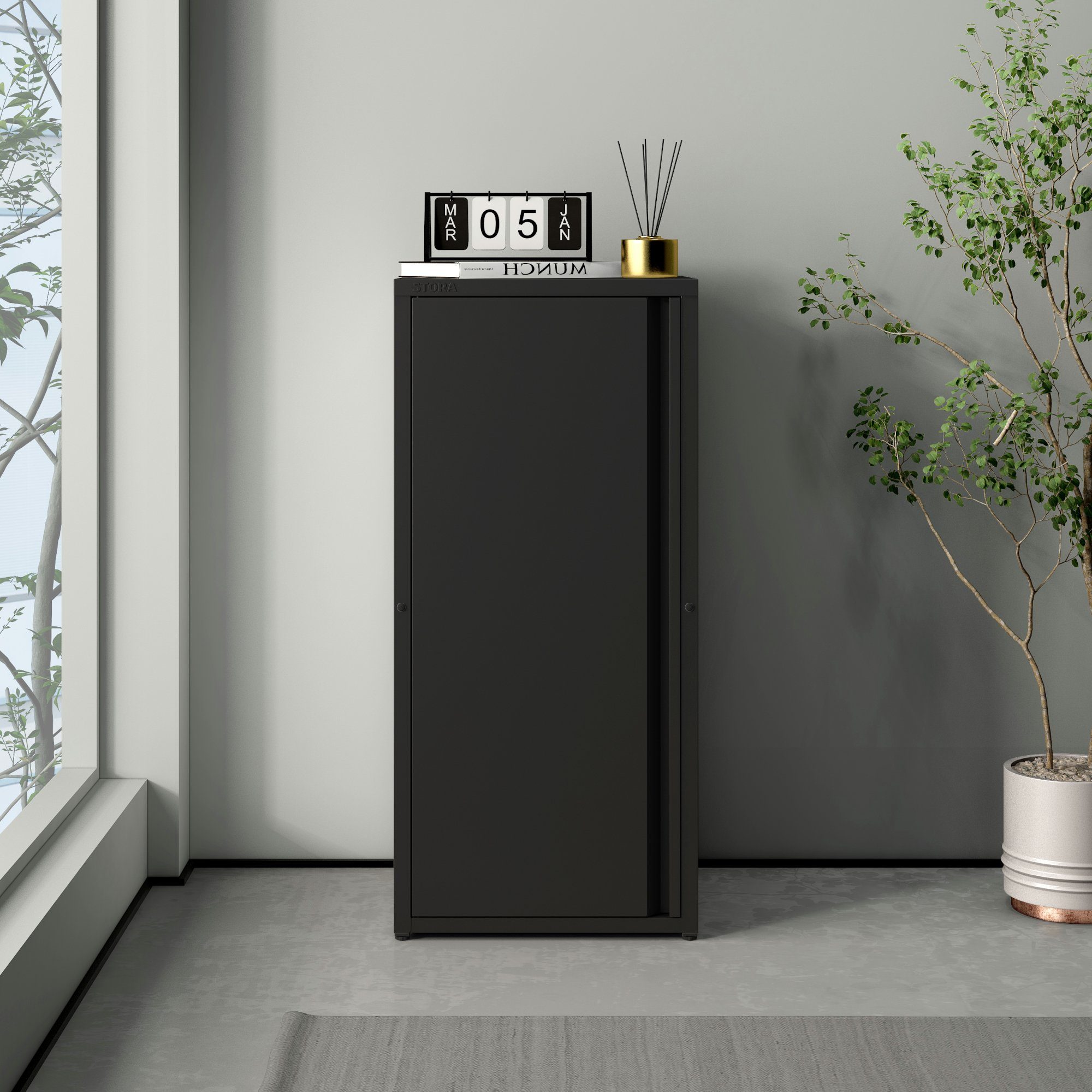 En.casa Sideboard Burlöv 70x72x35cm | Grau/Weiß | Mit Tür & Ablagefach | Metallschrank