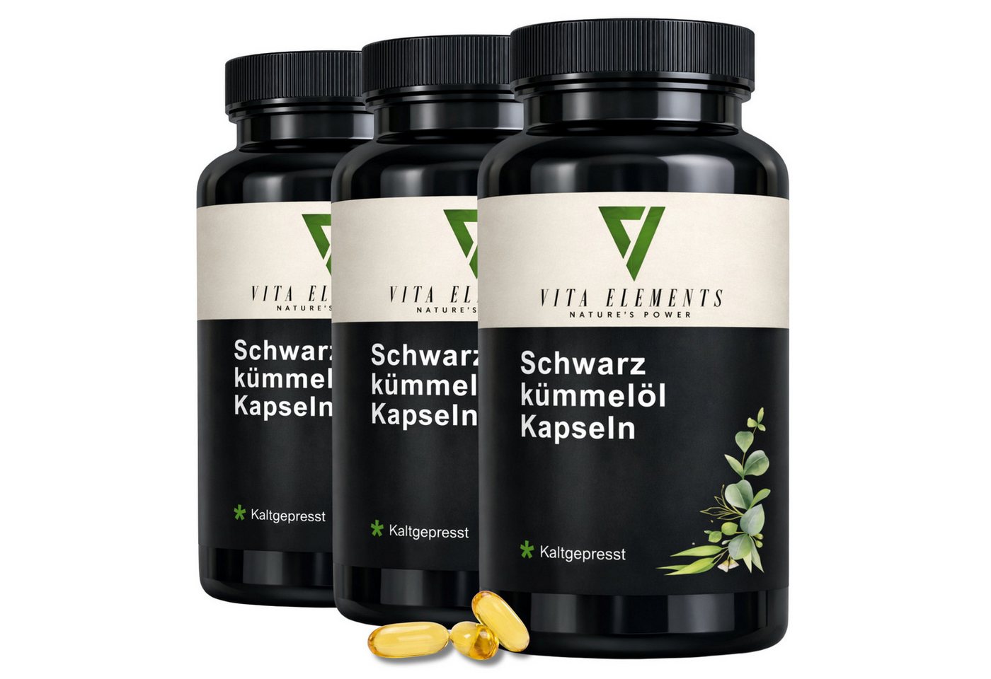 Vita Elements Schwarzkümmelöl - 1000mg Kaltgepresstes Öl mit Vitamin E, 400 Kapseln, 3 er Spar-Set à 400 St., Hochdosiert, Ohne unnötige Zusatzstoffe, Laborgeprüft in Deutschland