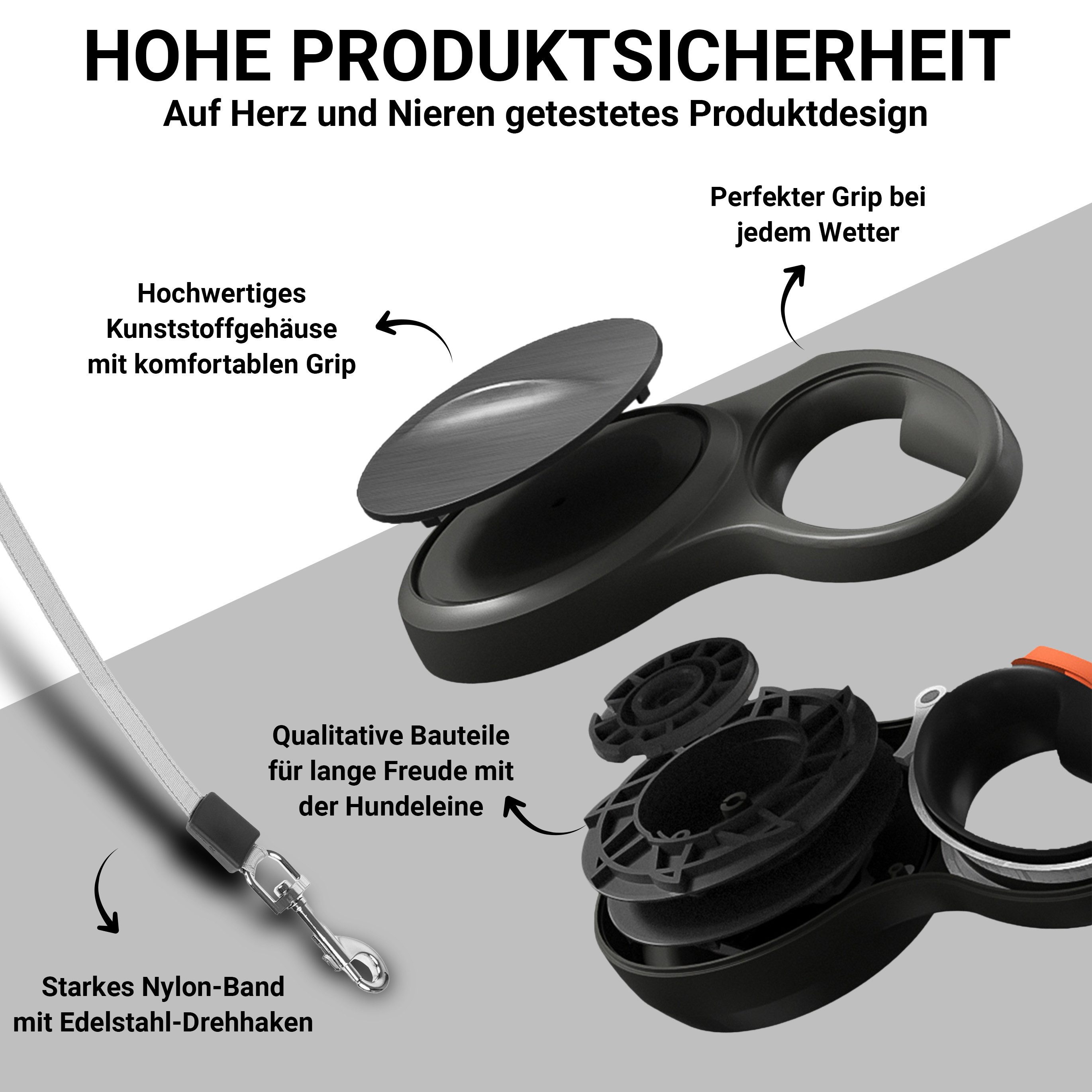 FinoPet Hundeleine große Hunde und mittelgroße bis 55 KG, 5m Leine, Rollleine, Laufleine, (1-tlg), Leine Hund ausziehbar und neuartiges automatisches Bremssystem
