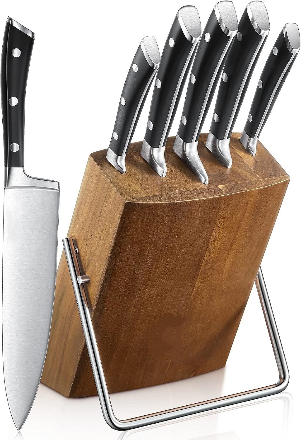 FOHERE Messer-Set Messerset mit Holzblock, durchgehendem Erl & Griff mit Dreifachnietung (Set, 6-tlg)