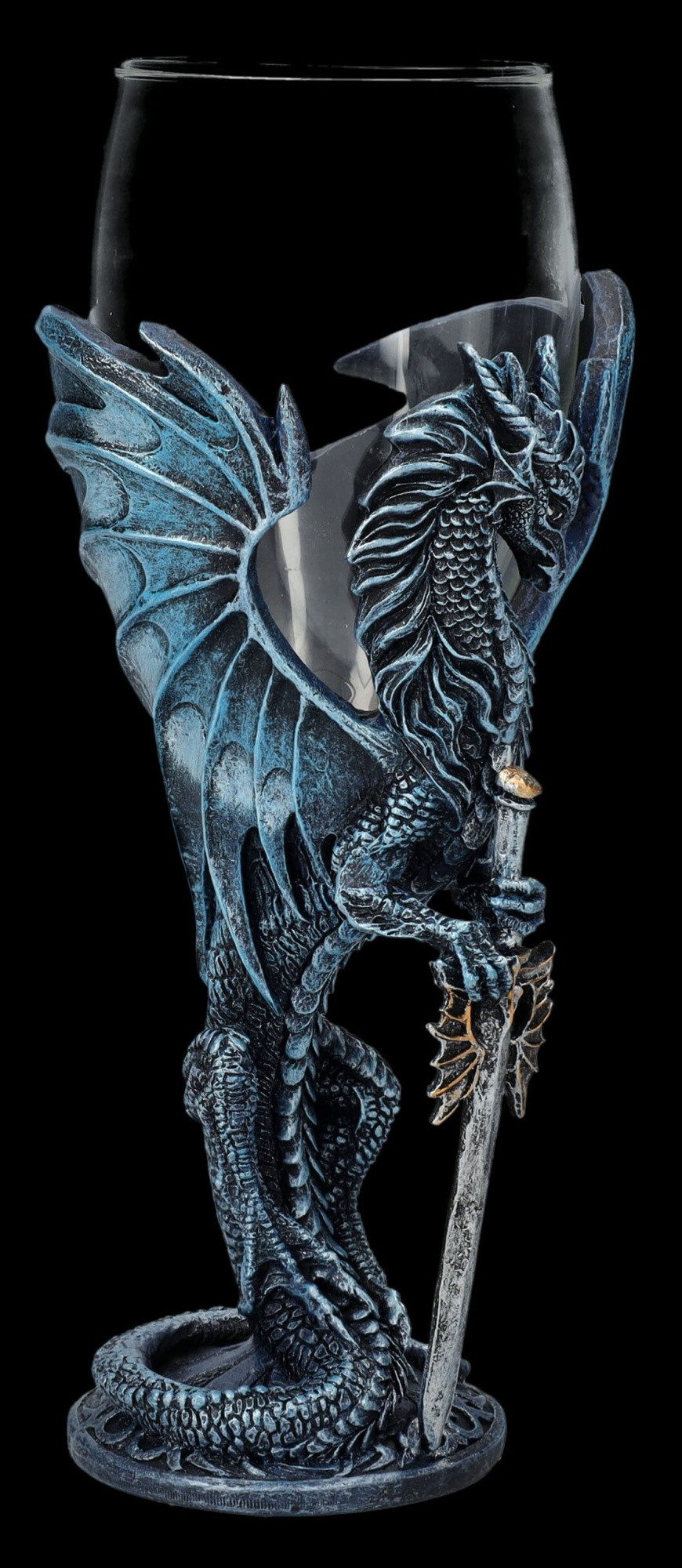 Figuren Shop GmbH Becher Glas Kelch Drache - Sea Blade - Weinkelch Fantasy Drachenfigur Deko, Kunststein (Polyresin), Glas