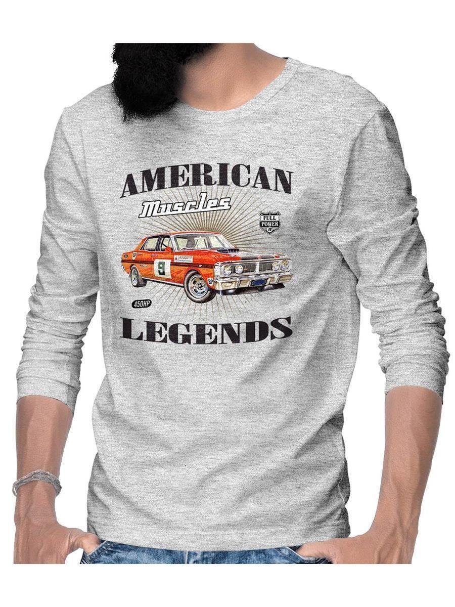 / Rebel Longsleeve Classic mit Auto Wheels Motiv Car T-Shirt US-Car On Melange Grau Herren Race Langarm American