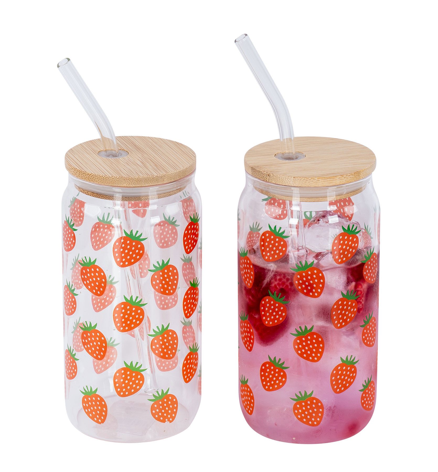 Levandeo® Glas, 2er Set Trinkglas 500ml Erdbeere Glas-Strohhalm Bambusdeckel