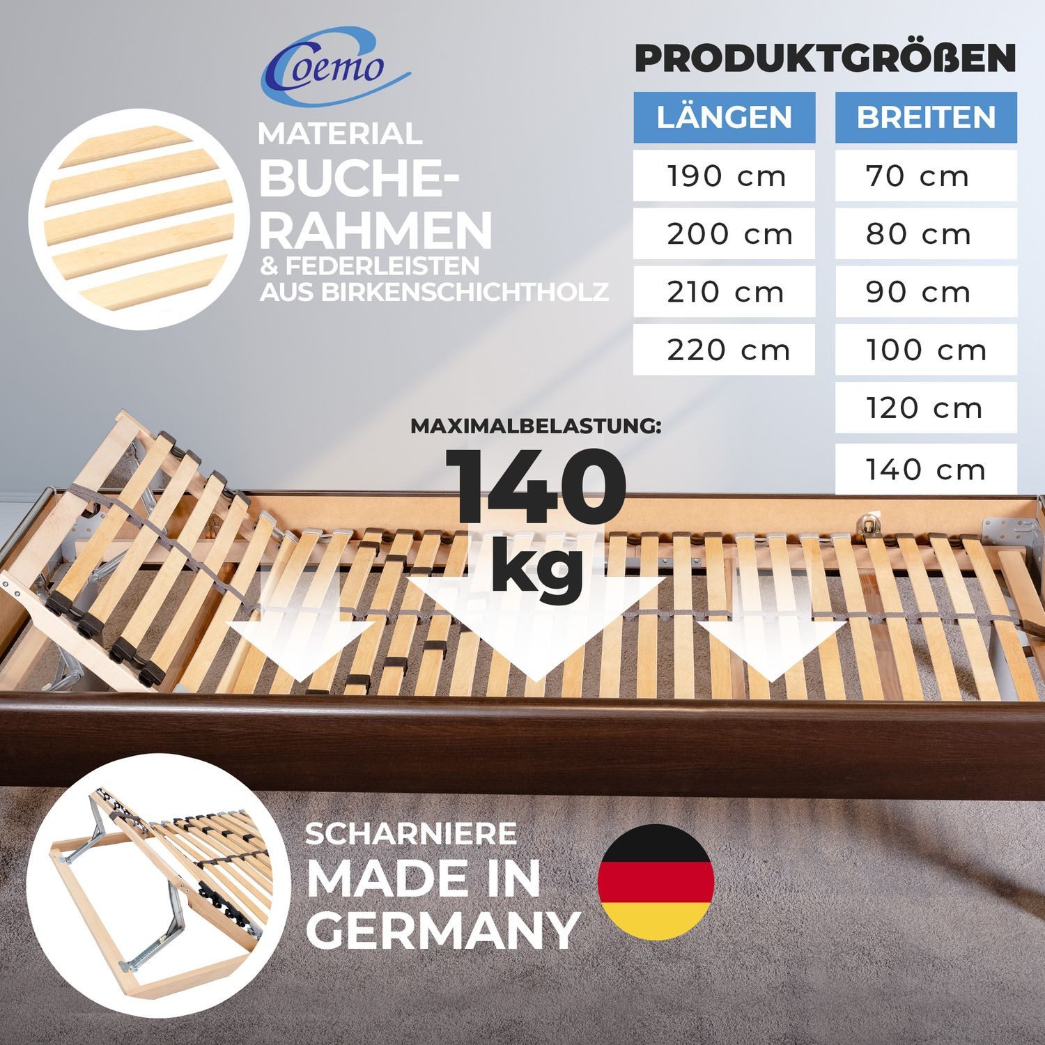 Lattenrost, Coemo, Kopfteil manuell verstellbar, Fußteil nicht verstellbar, ERGO K 100x190 cm, preisgünstige Selbstmontage
