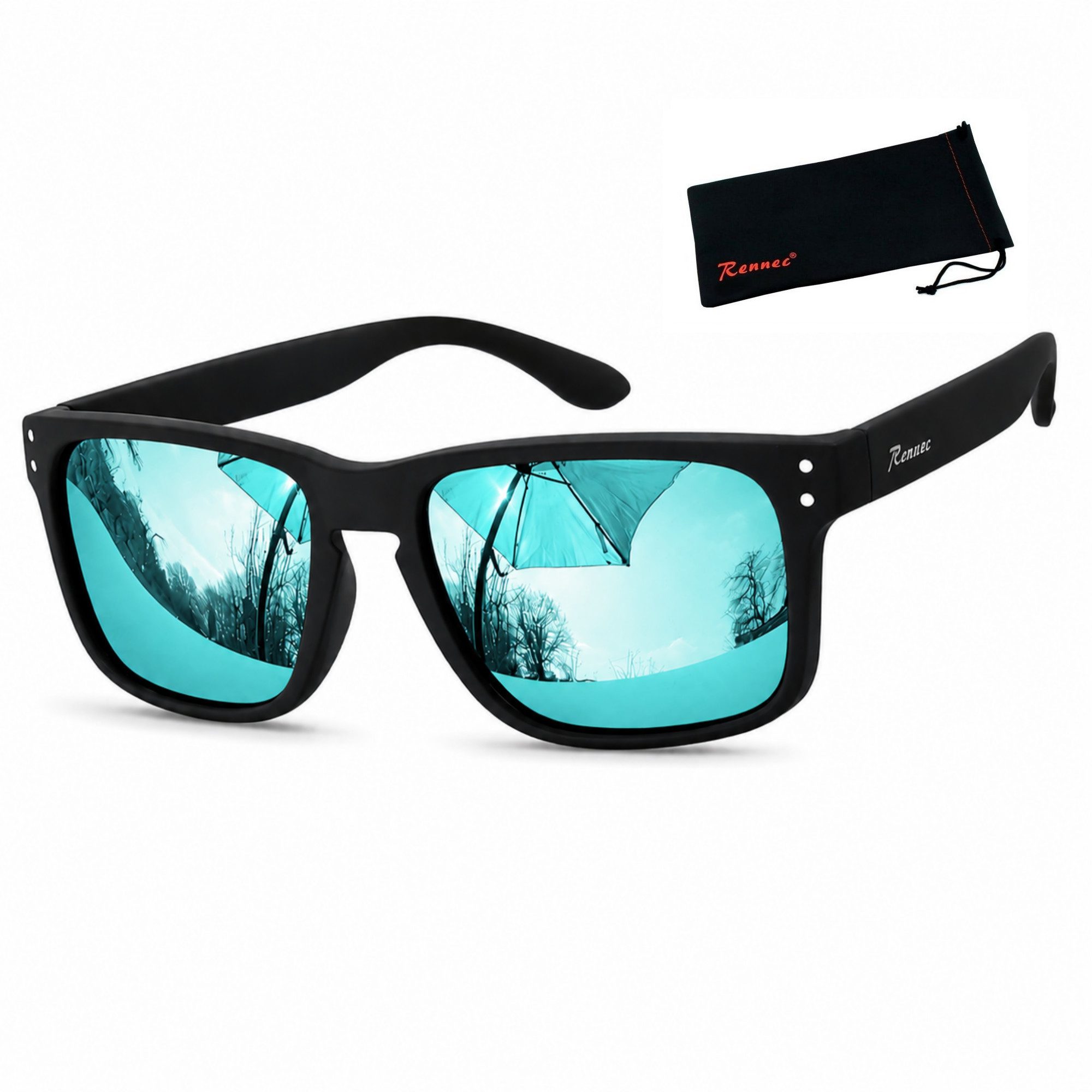 Rennec Sonnenbrille Herren Markenbrille Polarisiert Rechteckig mit Brillenbeutel Gläser Türkis Verspiegelt Markenschriftzug Stabile Bügelgelenke