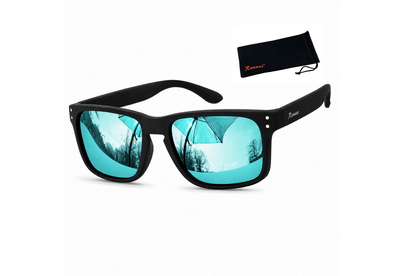 Rennec Sonnenbrille Herren Markenbrille Polarisiert Rechteckig mit Brillenbeutel Gläser Türkis Verspiegelt Markenschriftzug Stabile Bügelgelenke