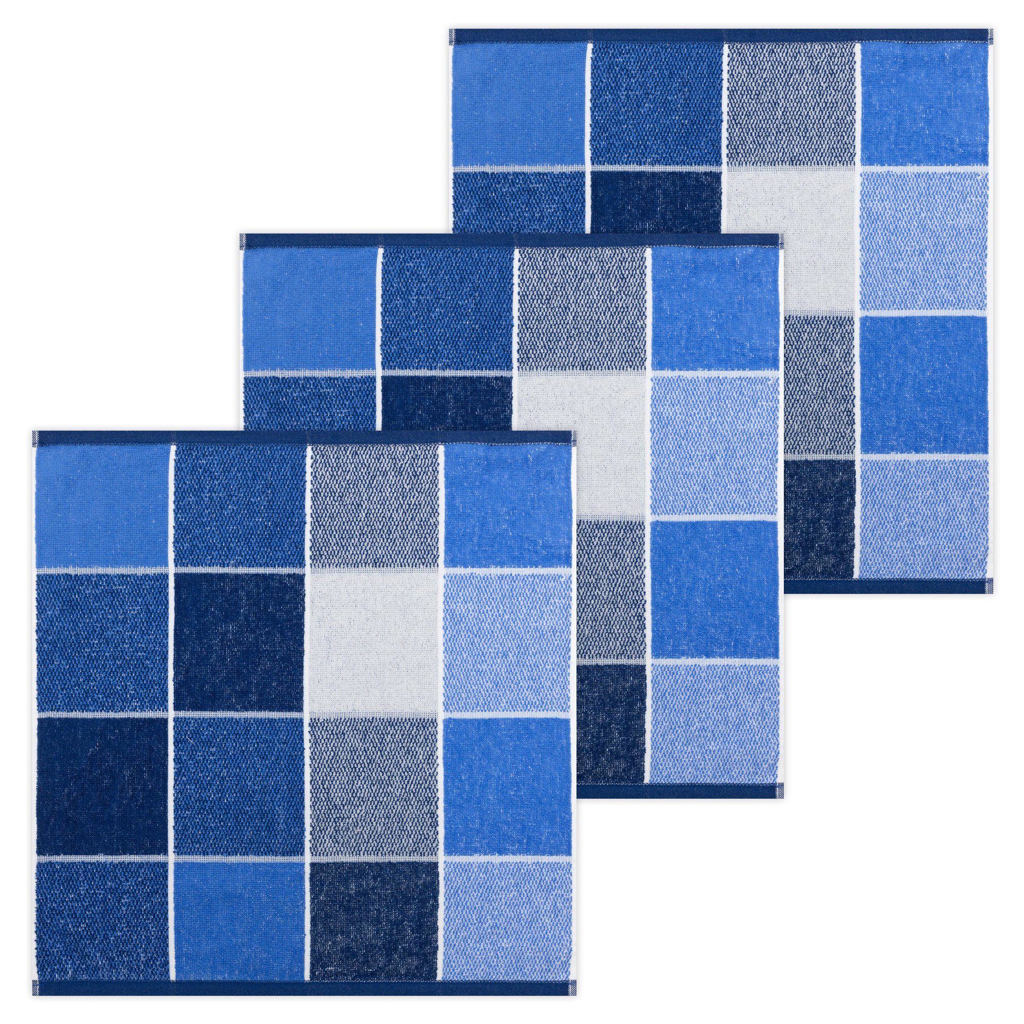 Frottee 3er Set), Küchenhandtücher Kracht (Set, Blau (3 Pack ca.50x50cm Geschirrtuch Baumwolle Blockkaro, Stück) 3-tlg.,