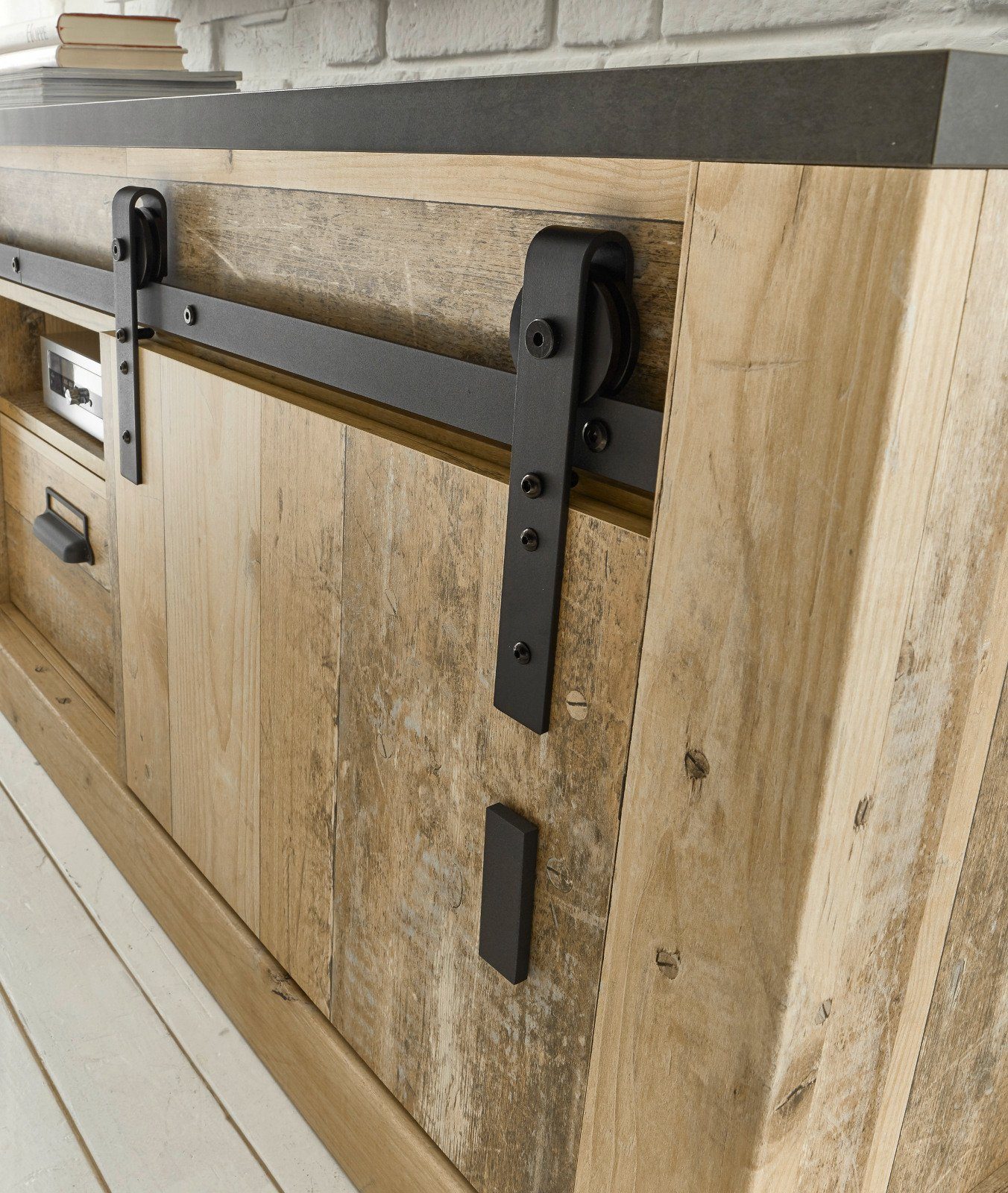 Furn.Design Wohnwand Stove, (Wohnzimmer Set 4-teilig in Used Wood, ca. 390 cm), mit Schiebetüren, mit Soft-Close