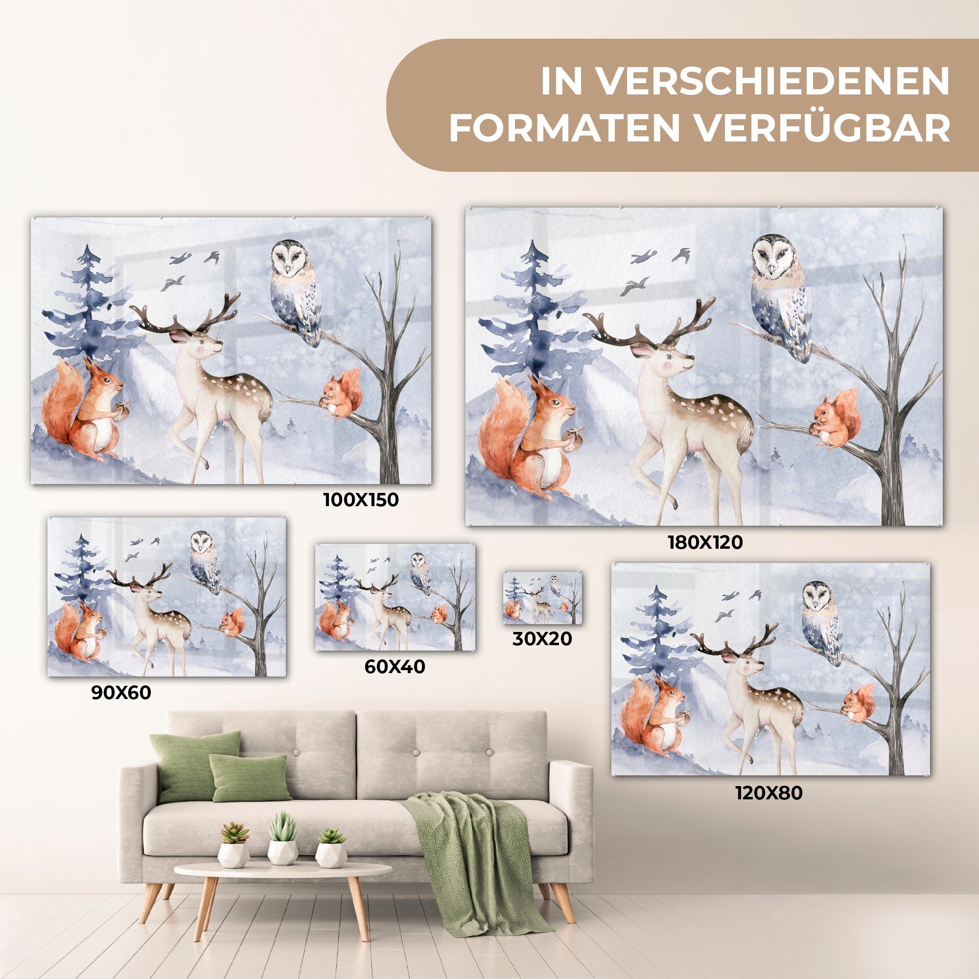 MuchoWow Acrylglasbild Winter - St), Wohnzimmer Schlafzimmer (1 Schnee Hirsche, Acrylglasbilder & 