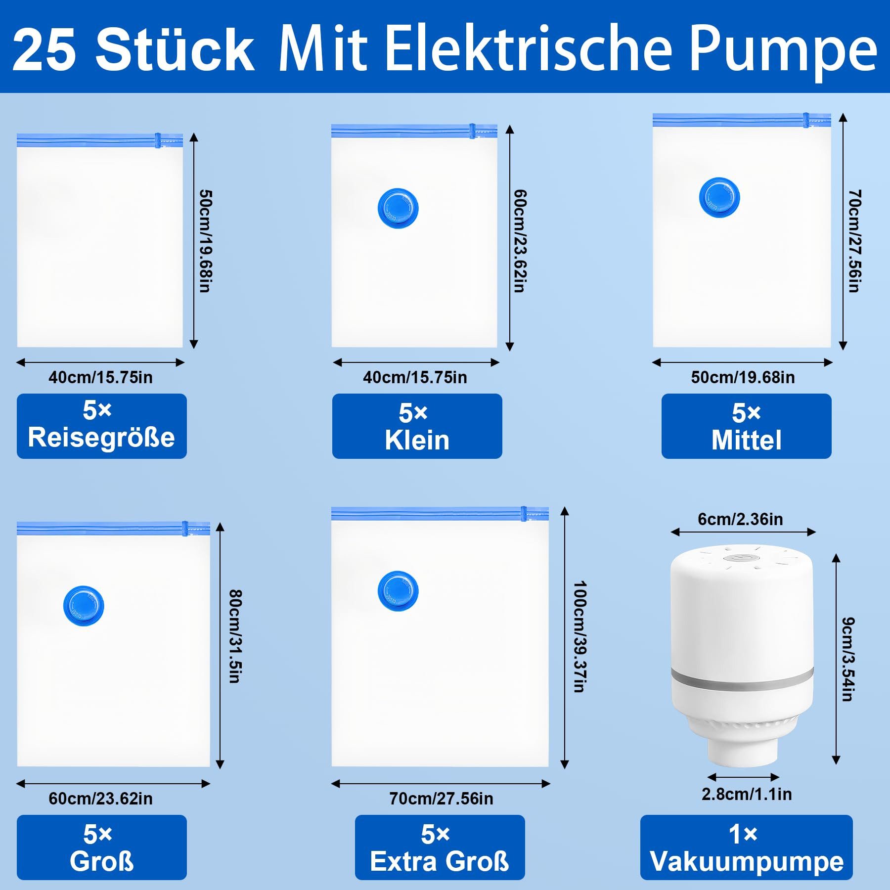 Kityhome Vakuumierbeutel Vakuumbehälter Set 25 tlg mit elektrischer Pumpe für Kleidung, ( 40x50cm/40x60cm/50x70cm/60x80cm/70x100cm) Elektrische Luftpumpe