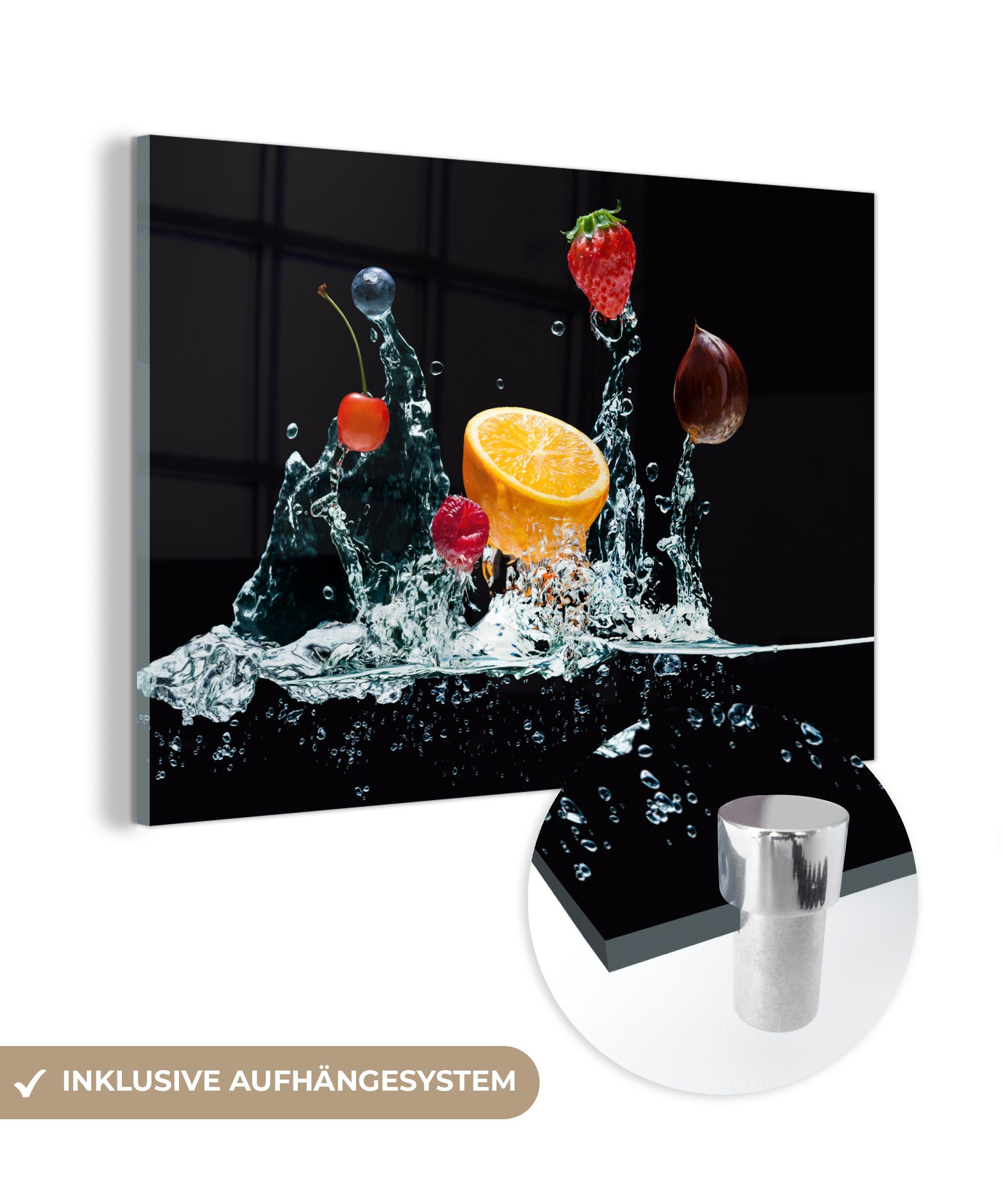 MuchoWow Acrylglasbild Wasser - Obst - Orange - Erdbeere - Kirsche - Schwarz, Inkl. Aufhängung, Glasbilder Wohnzimmer, Schlafzimmer, Flur & Esszimmer, 30x20 cm