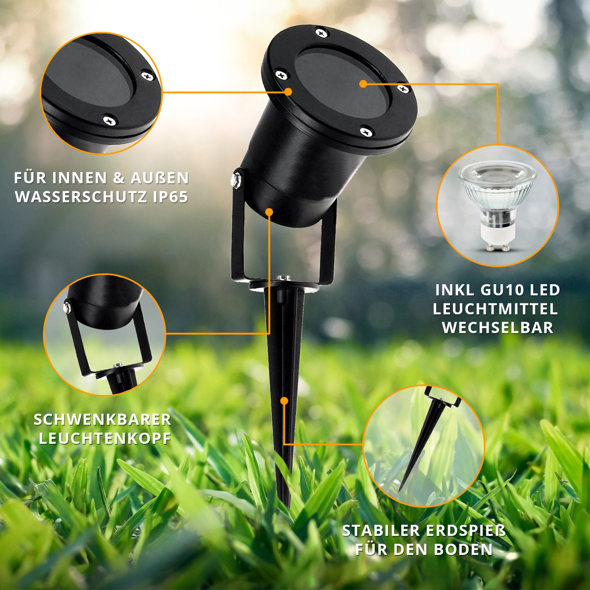 SSC-LUXon LED Gartenstrahler Gartenstrahler KARI Erdspiess Kabel schwarz LED GU10 5W 3 Lichtfarben, Neutralweiß, Warmweiß, Tageslichtweiß
