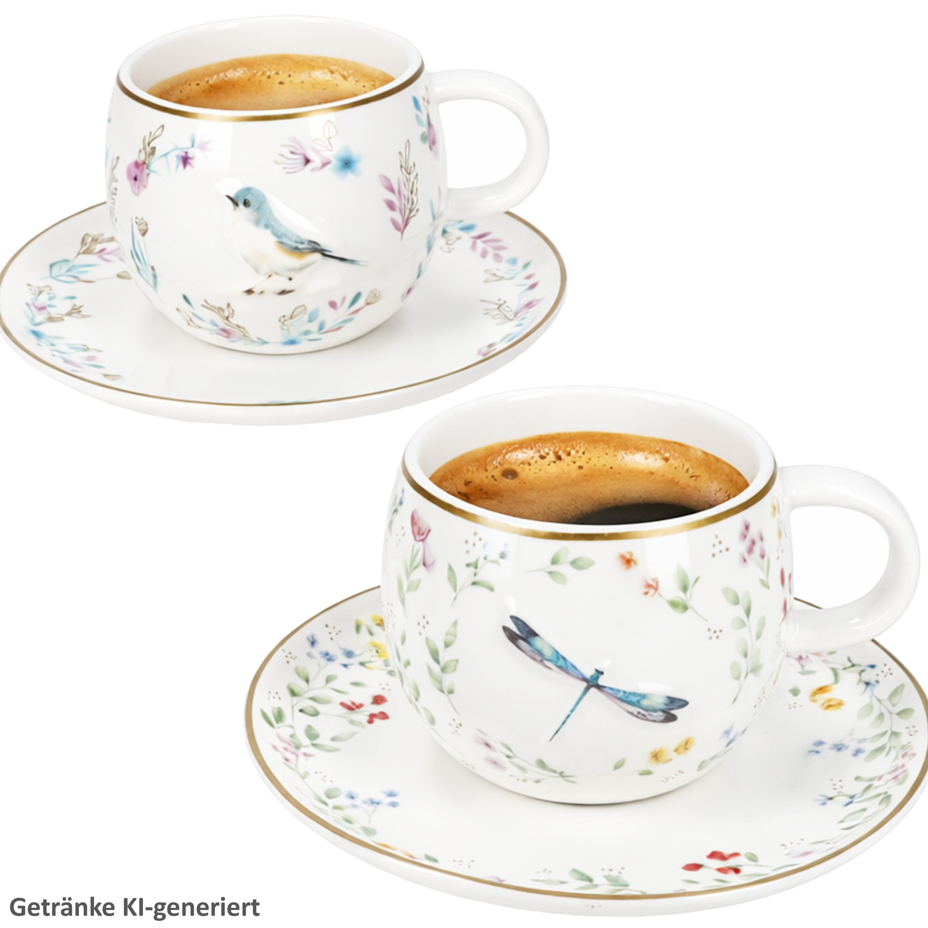 MamboCat Tasse MamboCat Fancy Garden Vogel & Libelle 2er Espressotassen Untertassen, Porzellan