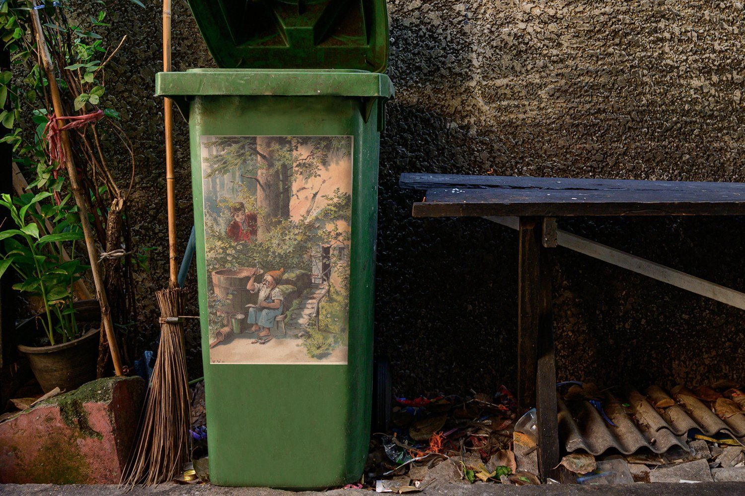 Sticker, St), eines (1 Illustration Mülltonne, MuchoWow Mülleimer-aufkleber, Gartenzwergs Wandsticker Container, Abfalbehälter
