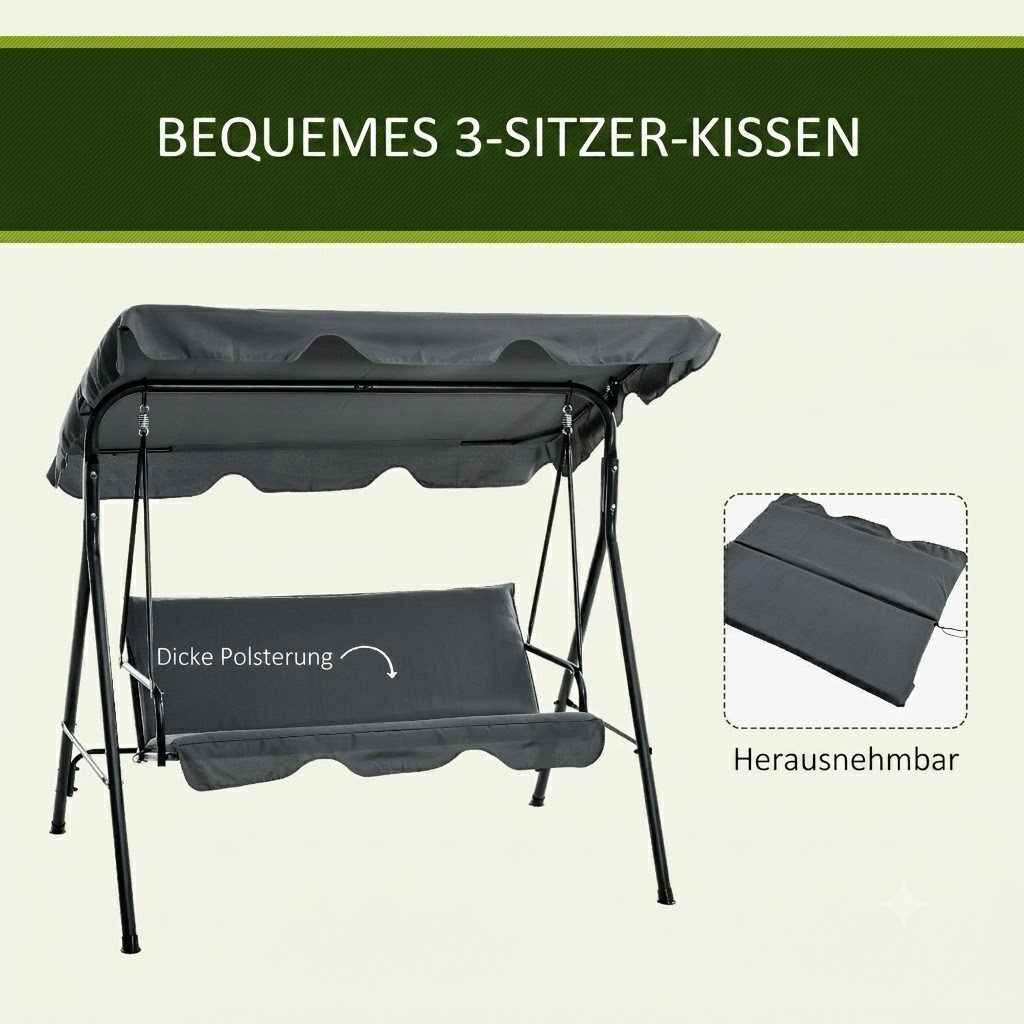 kowdom Hollywoodschaukel 3-Sitzer Gartenschaukel mit Sonnendach, verstellbar, 240 kg, 3-Sitzer, Gartenschaukel, Einzelschaukel mit Kissen, Gartenschaukel, 3-Sitzer, 240 kg Belastbarkeit, verstellbares Dach