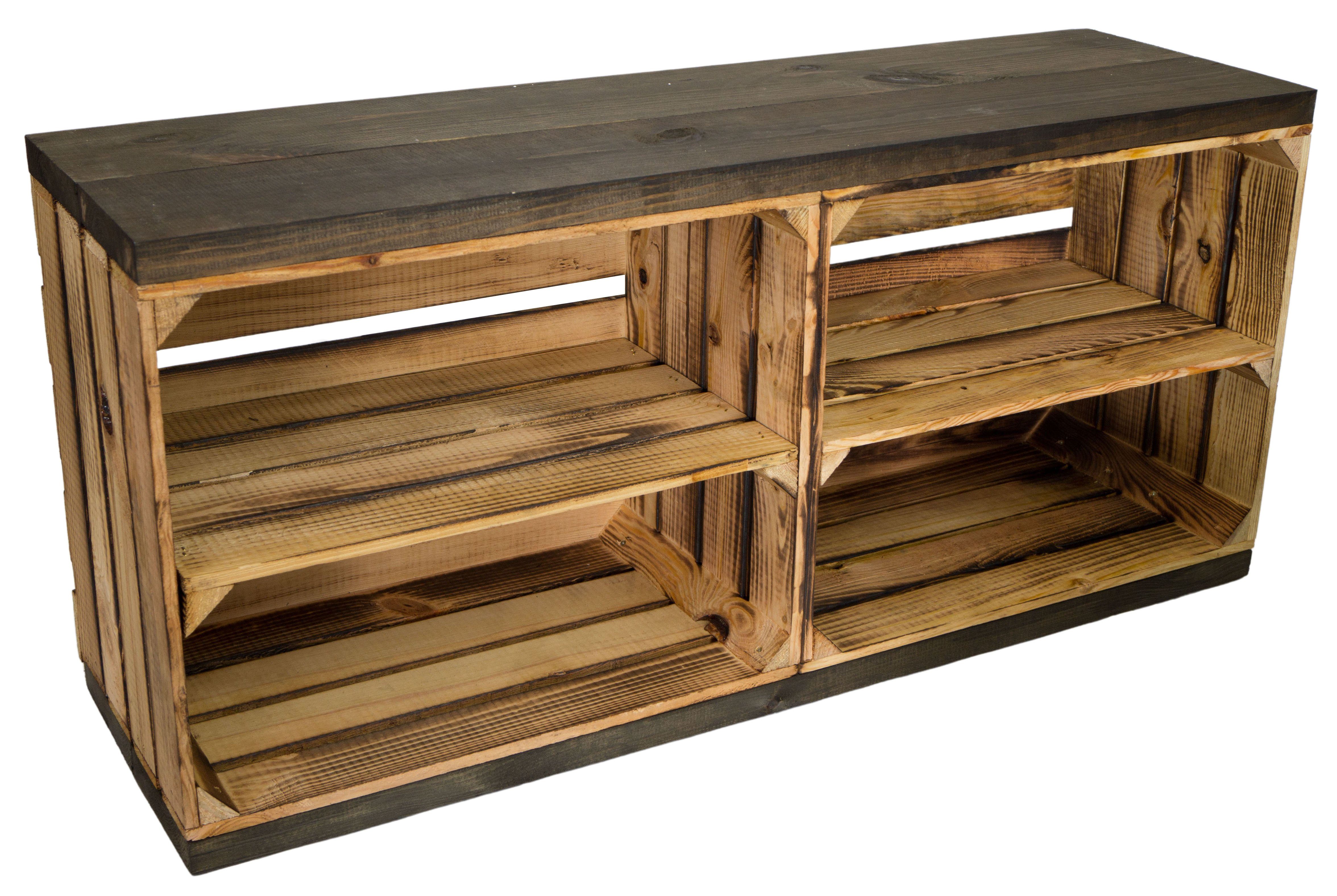 Kistenkolli Altes Land Allzweckkiste Sitzbank geflammt mit Sitzfläche aus dicken schwarzen Holzplanken (1er Set)