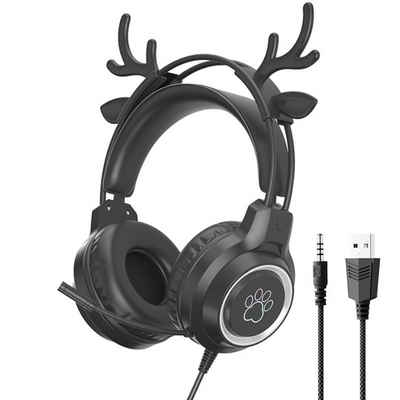 KINSI Headset,Gaming-Headset mit Katzenohren,Geräuschunterdrückung Over-Ear-Kopfhörer (Hirschohren, Stereo, Abnehmbare Katzenohren, Klappbar)