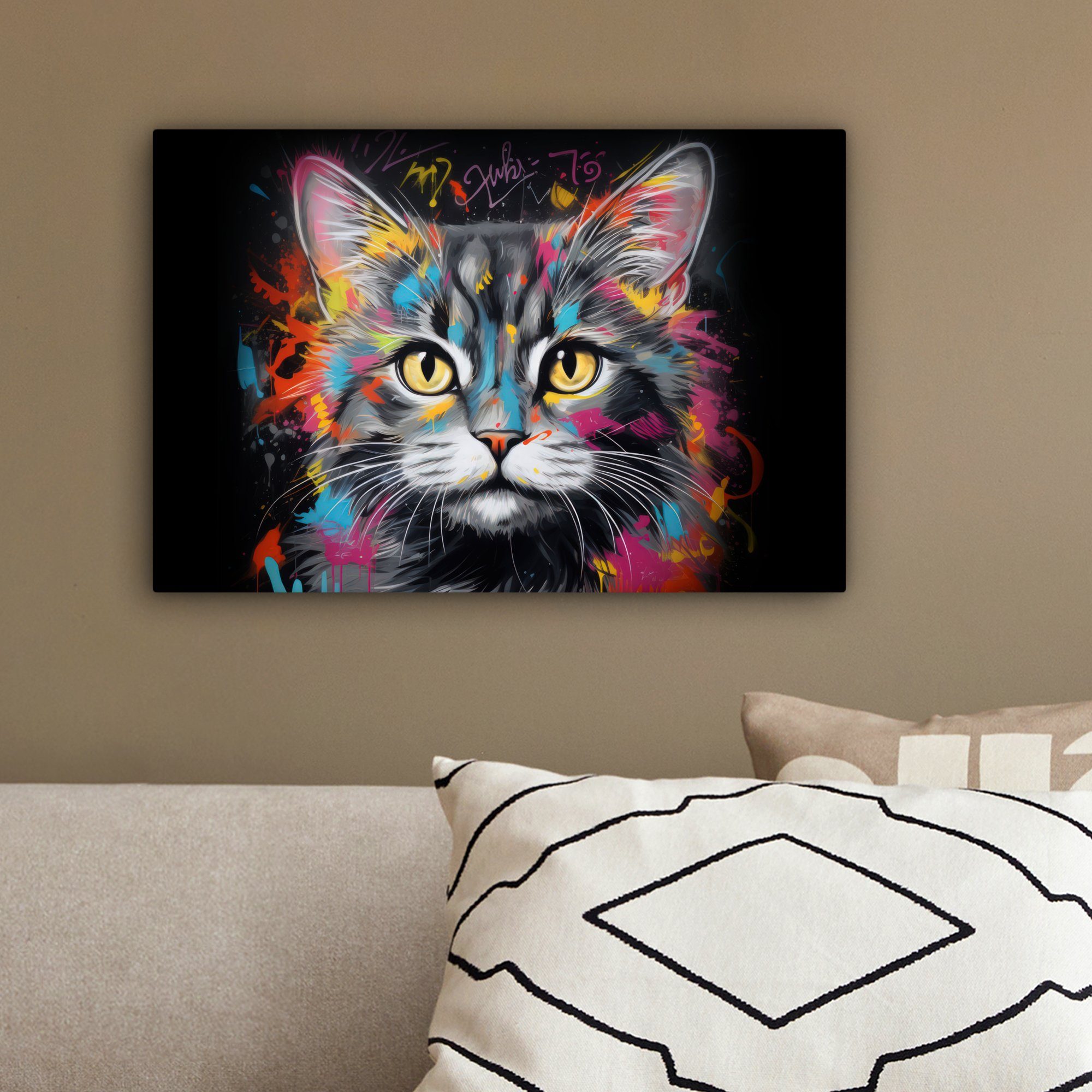 (1 Leinwandbild - St), Leinwandbilder, Wandbild - Graffiti 30x20 Wanddeko, cm - Grau, - Farben OneMillionCanvasses® Katze Tiere Aufhängefertig,