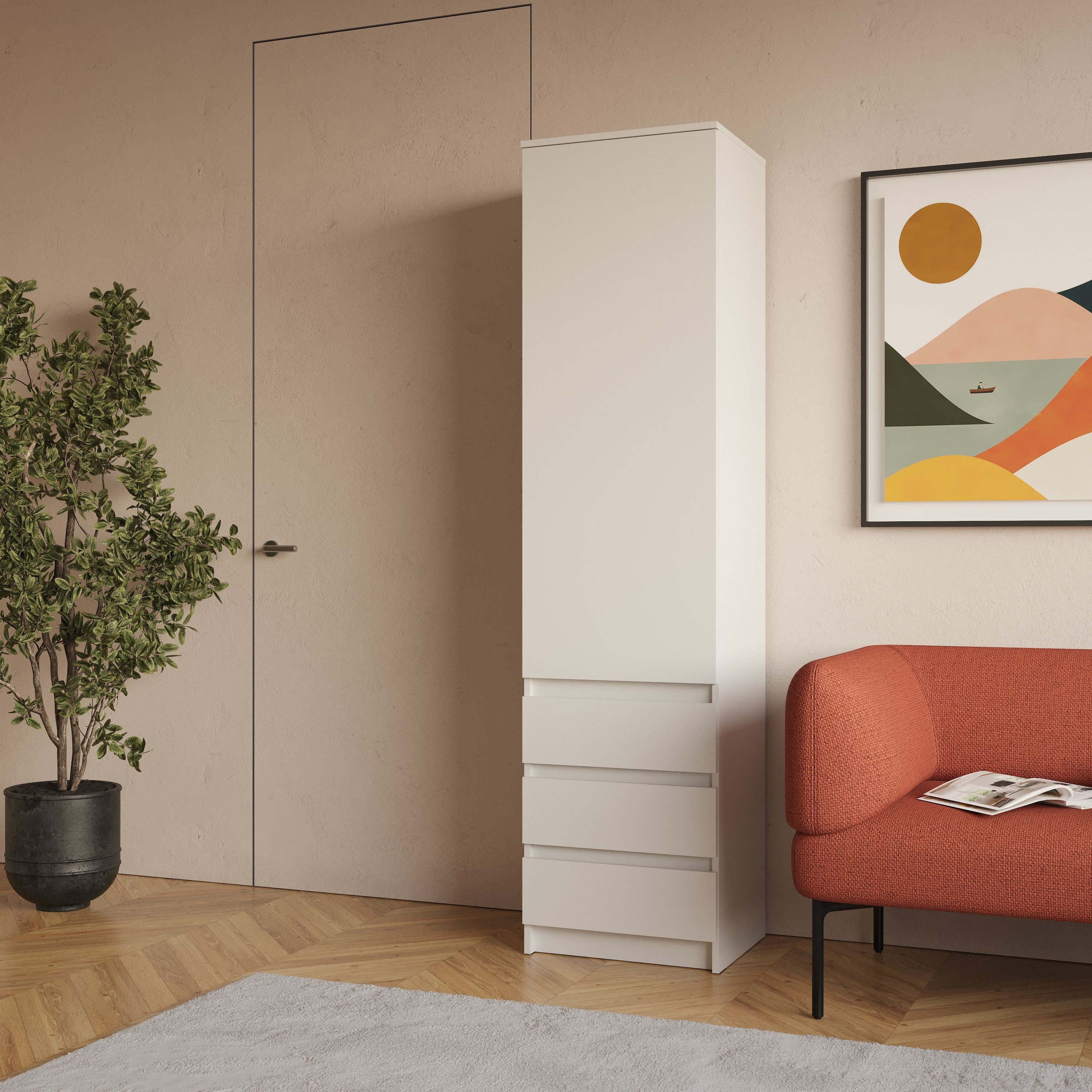 Raumhirsch Furniture Kleiderschrank Garderobenschrank, Drehtürenschrank, Schrank mit viel Stauraum (Maße: 50,1 x 203 x 43,3 cm (3 Schubladen, Türen, 3 Fächer), viele Farbvarianten) Rollenauszüge, grifflose Fronten, stabile Konstruktion