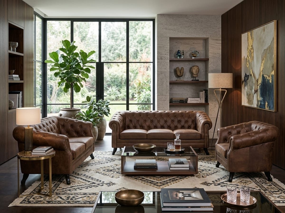 JVmoebel Chesterfield-Sofa Braunes Wohnzimmer-Set 3+2+1-Sitzer-Sofas Chesterfield Ledersofas, 3 Teile, Made in Europa